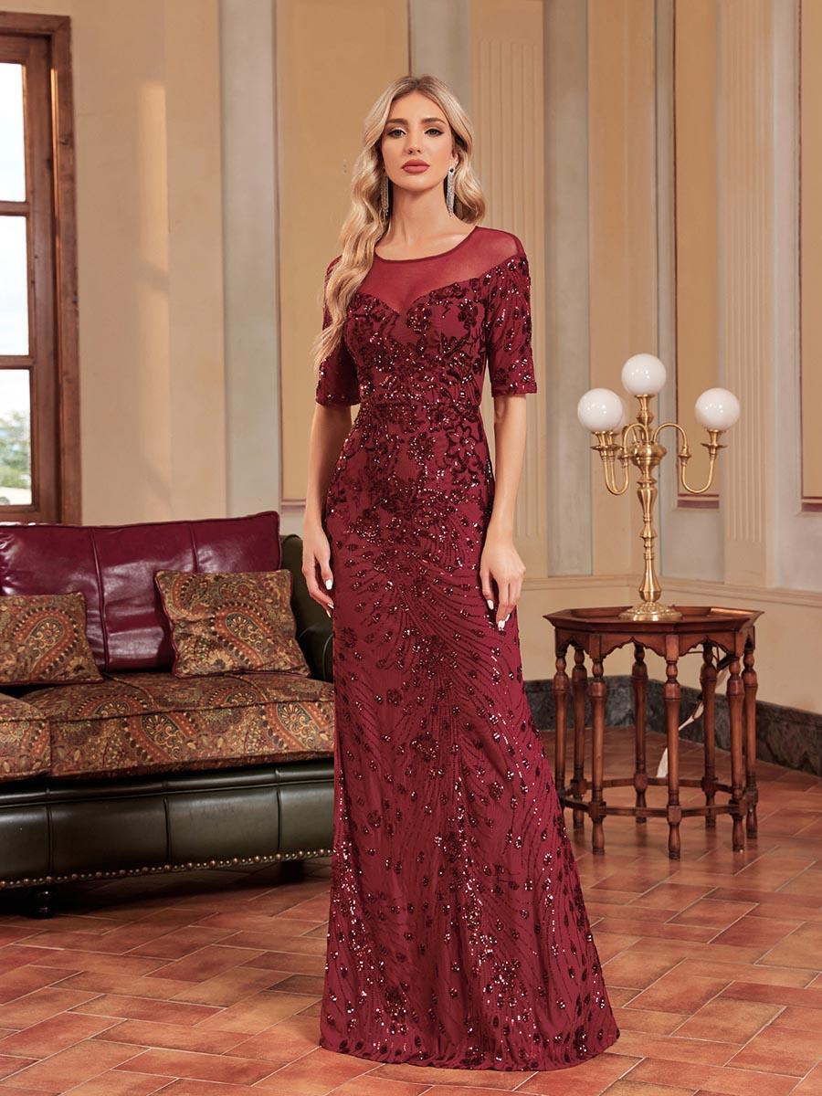 Burgundy Short Sleeve Embroidered Prom Dress MCC1233 Burgundy Short Sleeve Embroidered Prom Dress MCC1233
