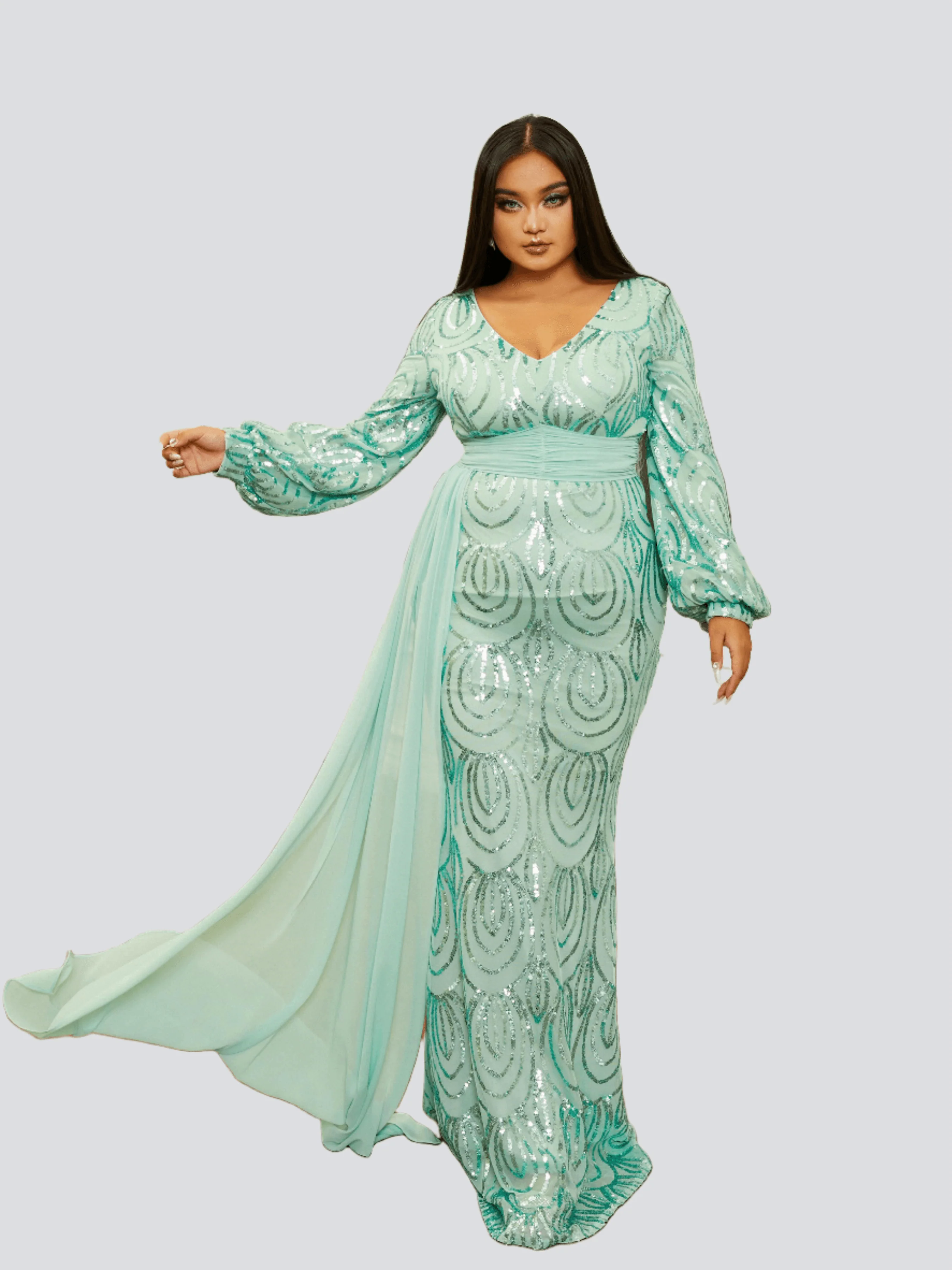 Plus V-Neck Long Sleeve Prom Dress PXJ1524 Plus V-Neck Long Sleeve Prom Dress PXJ1524