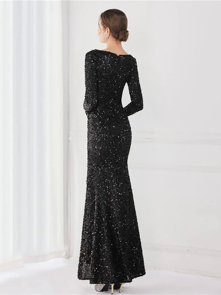 Long Sleeve Solid V-neck Sequin Prom Dress MCW1133 Long Sleeve Solid V-neck Sequin Prom Dress MCW1133