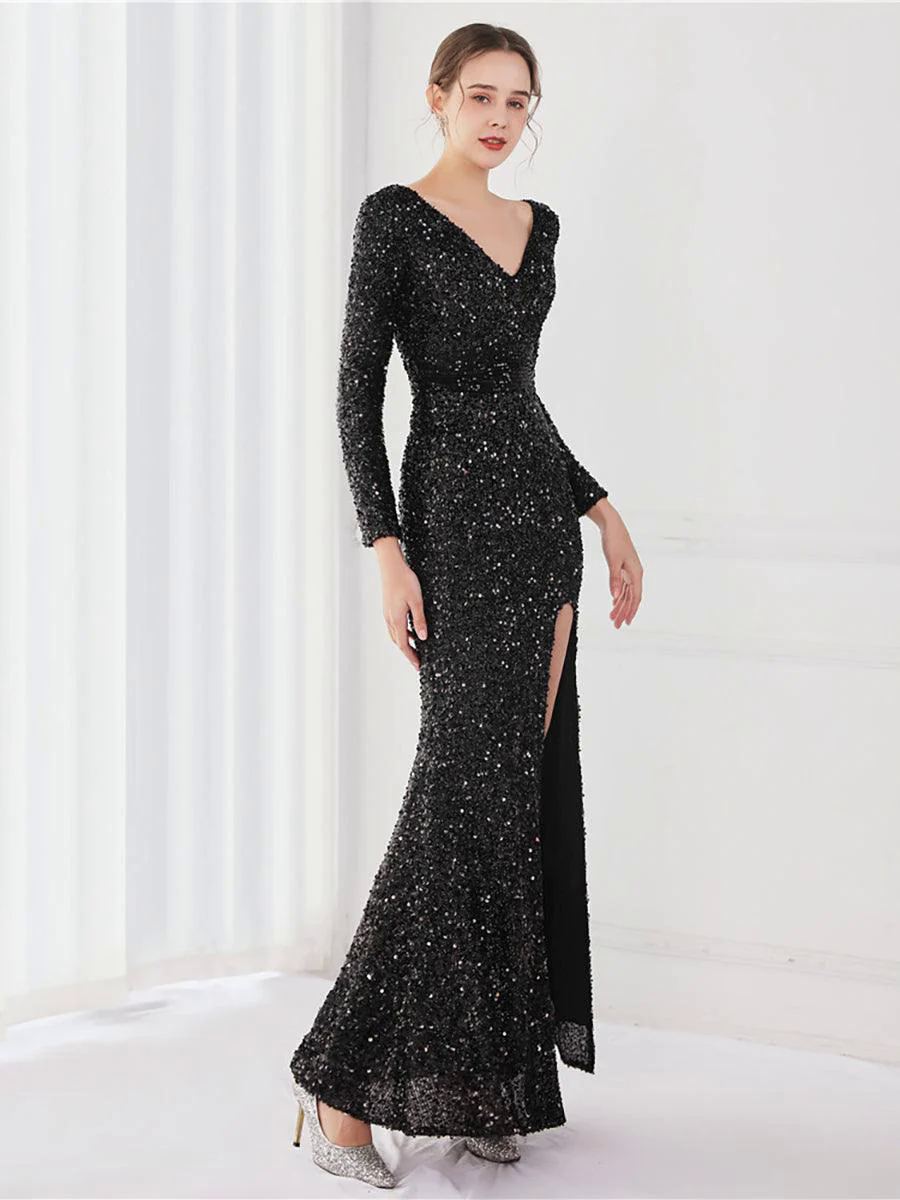 Long Sleeve Solid V-neck Sequin Prom Dress MCW1133 Long Sleeve Solid V-neck Sequin Prom Dress MCW1133