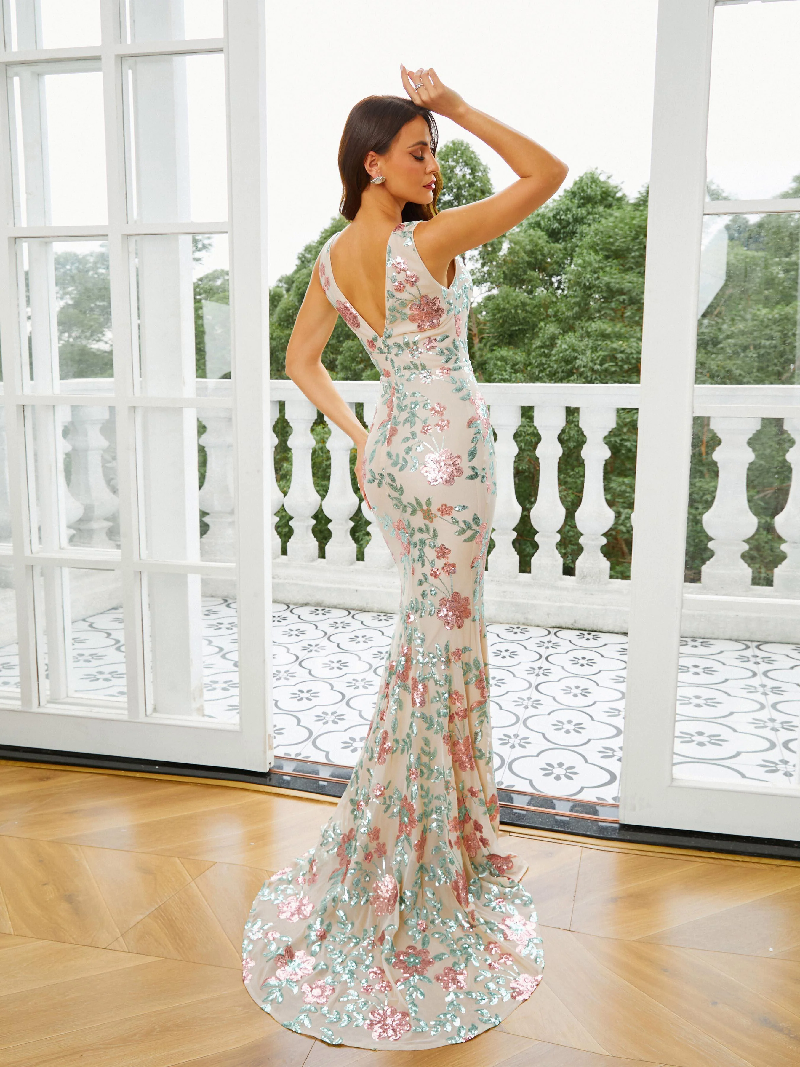 Floral V-neck Sequin Mermaid Prom Dress RJ10790 Floral V-neck Sequin Mermaid Prom Dress RJ10790