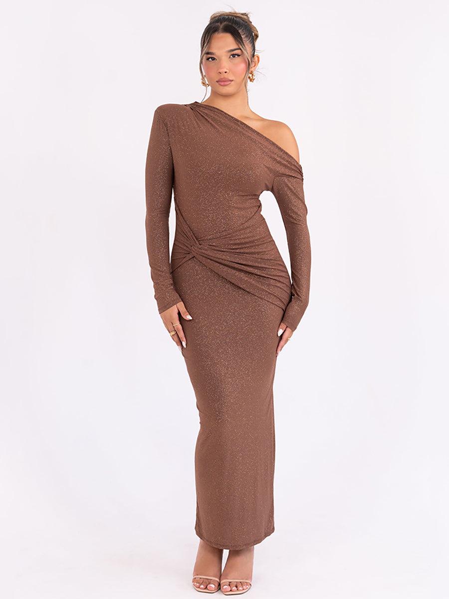 Slash Neck Solid Ruched Knot Prom Dress MYC2023 Slash Neck Solid Ruched Knot Prom Dress MYC2023
