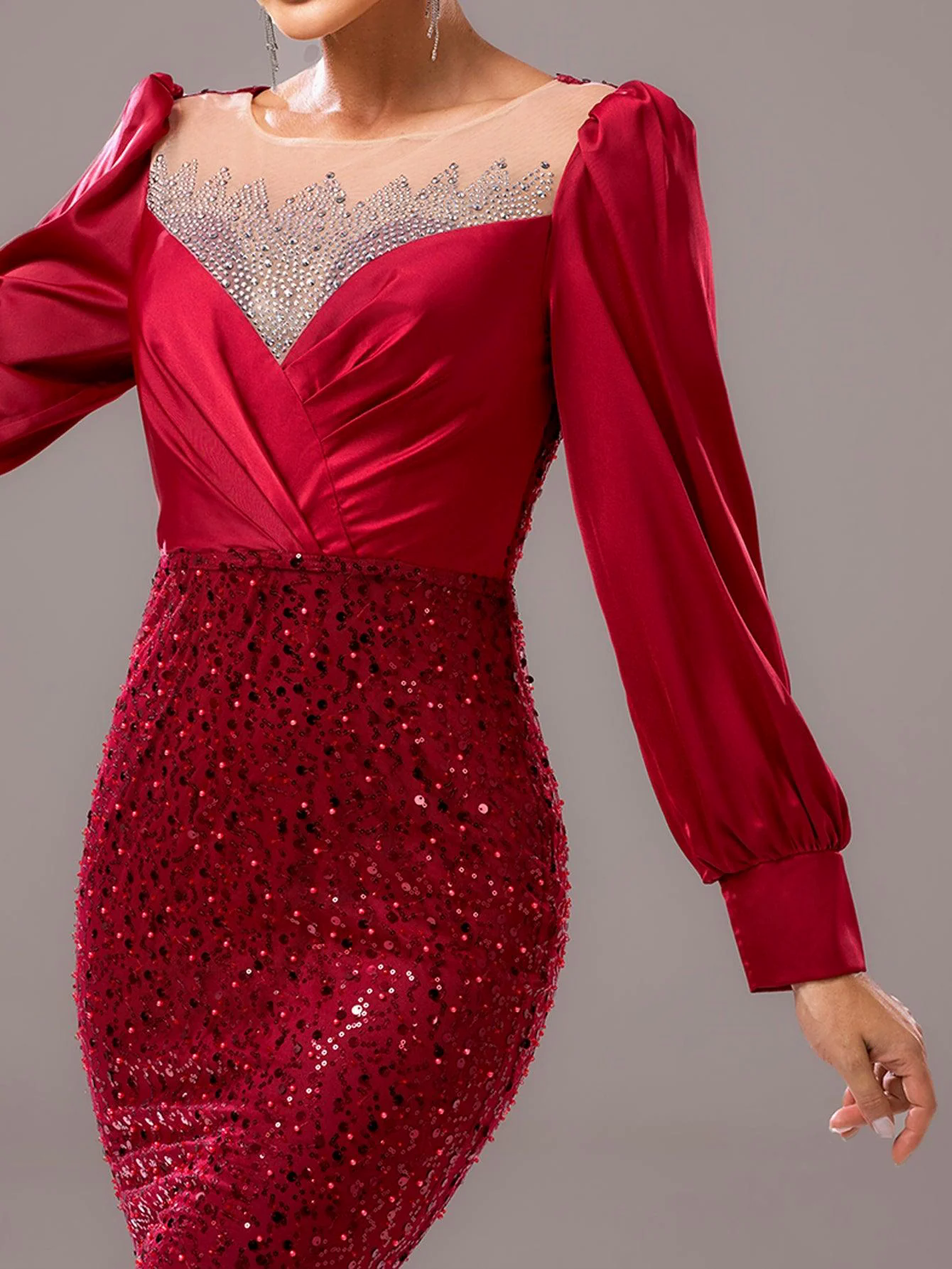 Red Panel Sequin Long Sleeve Mermaid Evening Dress RJ11967 Red Panel Sequin Long Sleeve Mermaid Evening Dress RJ11967