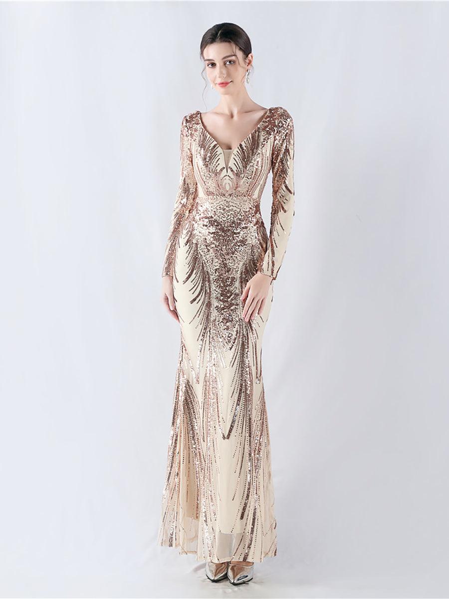 Long Sleeve Sequin V-neck Backless Prom Dress MCW1000 Long Sleeve Sequin V-neck Backless Prom Dress MCW1000