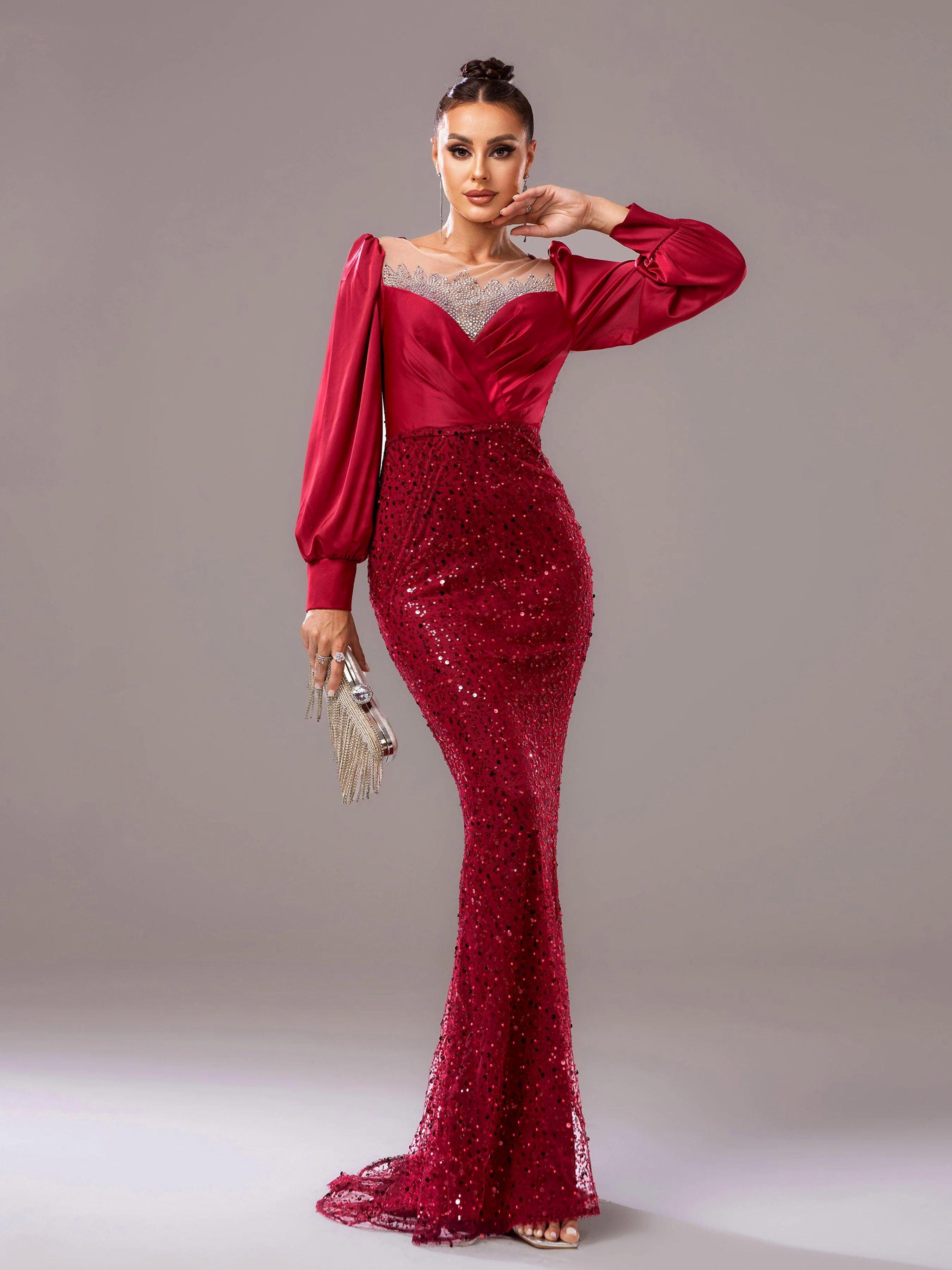 Red Panel Sequin Long Sleeve Mermaid Evening Dress RJ11967 Red Panel Sequin Long Sleeve Mermaid Evening Dress RJ11967