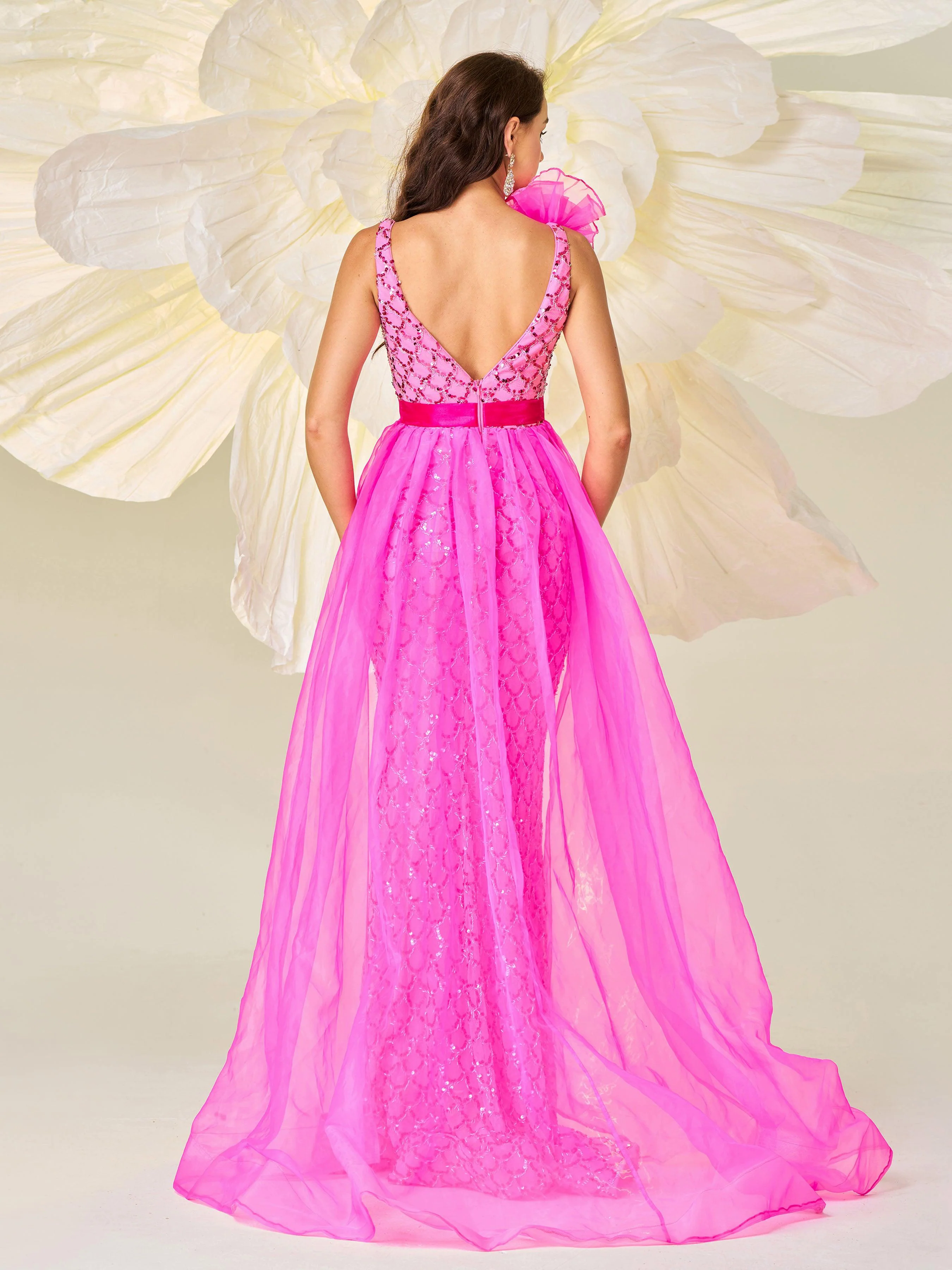 Ruffled Backless Mesh Cape Evening Dress DH80079 Ruffled Backless Mesh Cape Evening Dress DH80079