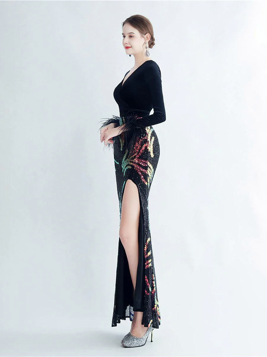 Long Sleeve Velvet Feather Wrap Prom Dress MCW0949 Long Sleeve Velvet Feather Wrap Prom Dress MCW0949