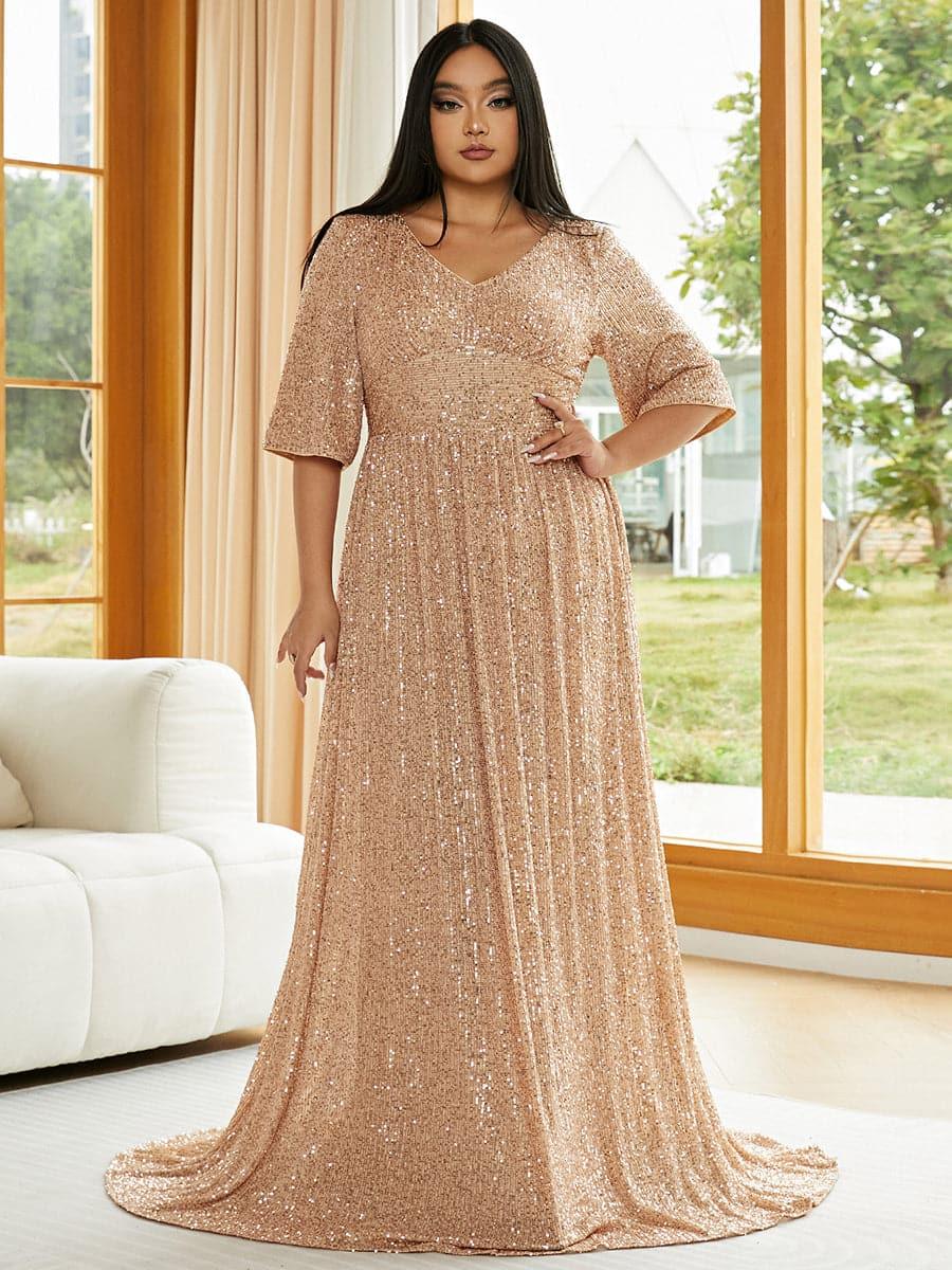 Plus V Neck Sequin Apricot Evening Dress PXJ2647 Plus V Neck Sequin Apricot Evening Dress PXJ2647