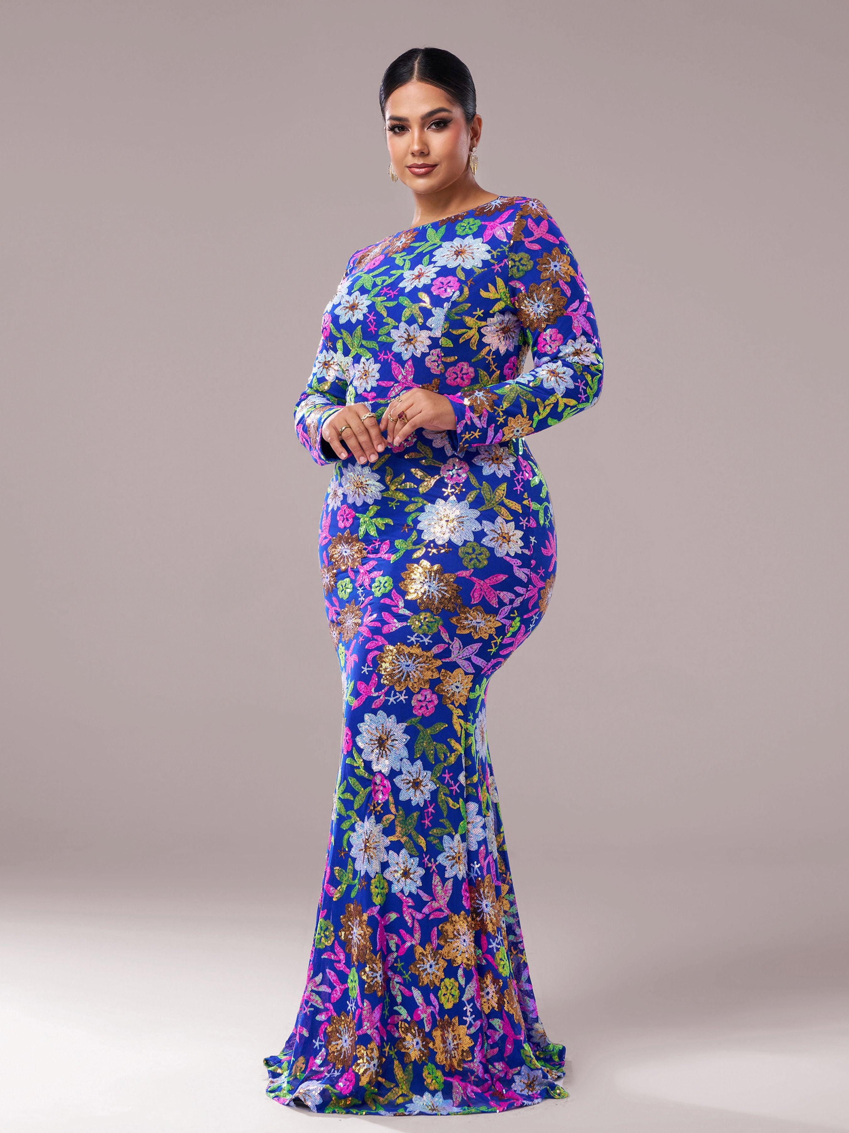Plus Crew Neck Floral Sequin Dress PRJ10987 Plus Crew Neck Floral Sequin Dress PRJ10987