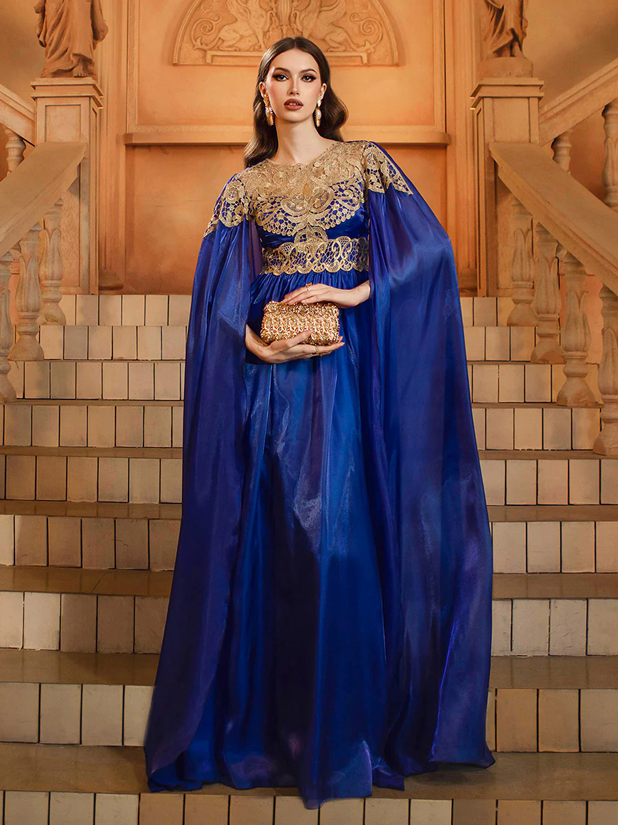 Blue Cape Sleeve Muslim Embroidered Dress DH80540 Blue Cape Sleeve Muslim Embroidered Dress DH80540