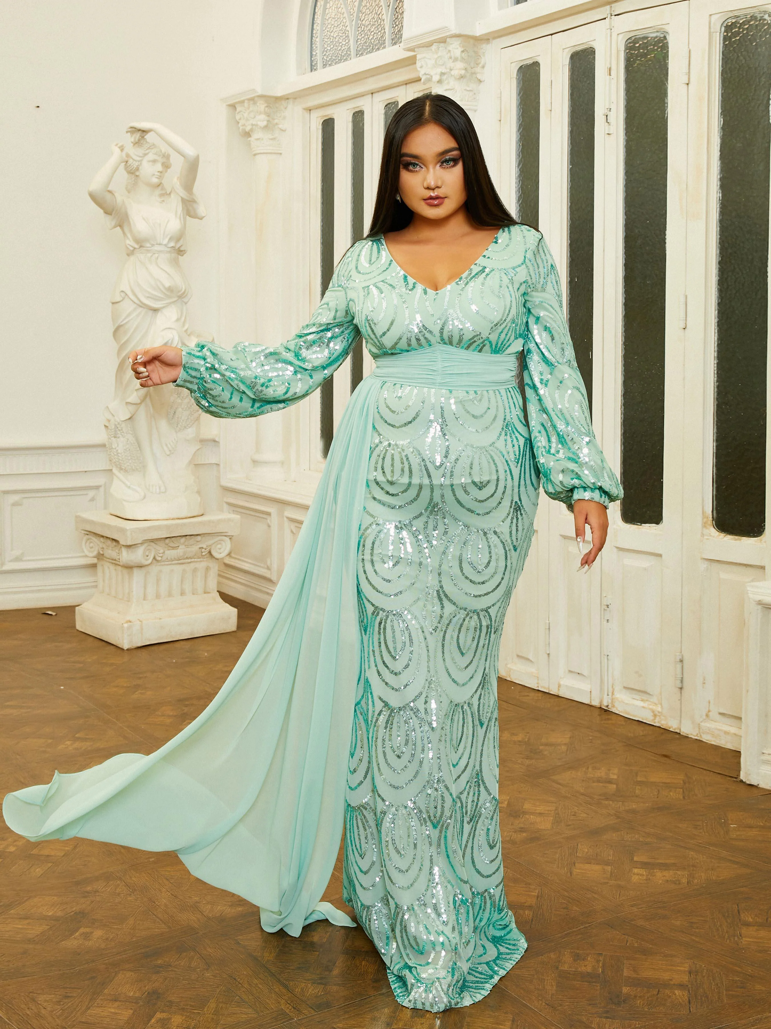 Plus V-Neck Long Sleeve Prom Dress PXJ1524 Plus V-Neck Long Sleeve Prom Dress PXJ1524