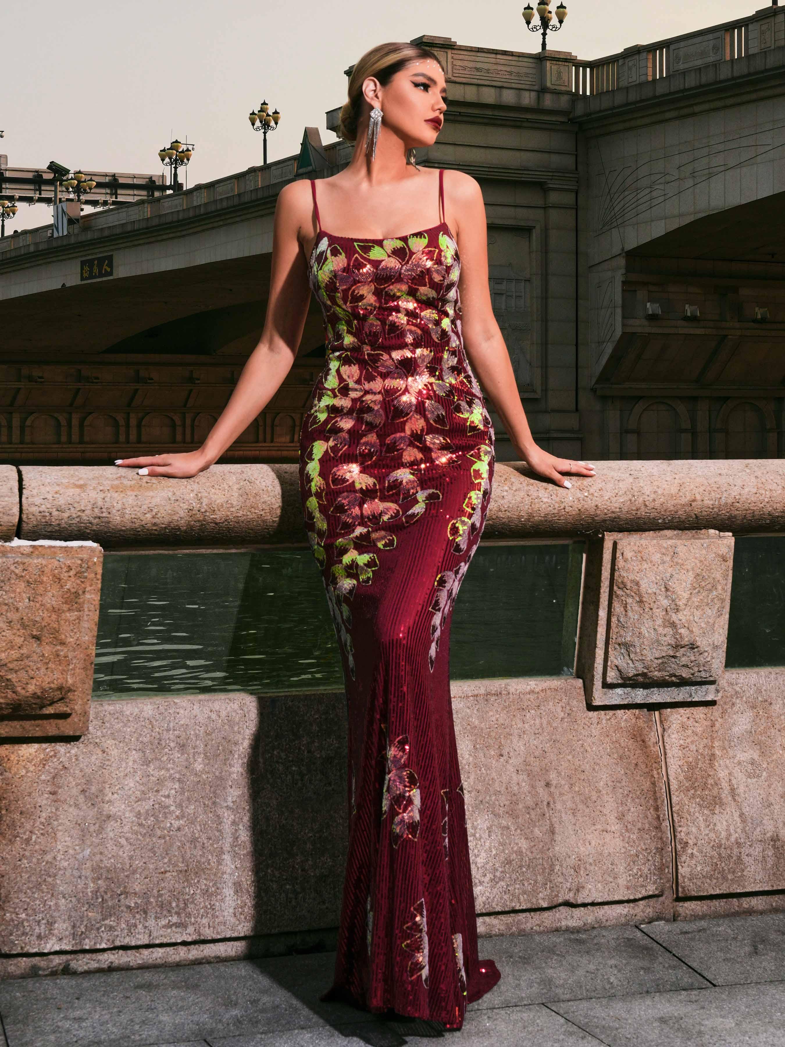 Spaghetti Leaf Sequin Mermaid Prom Dress RJ11052 Spaghetti Leaf Sequin Mermaid Prom Dress RJ11052