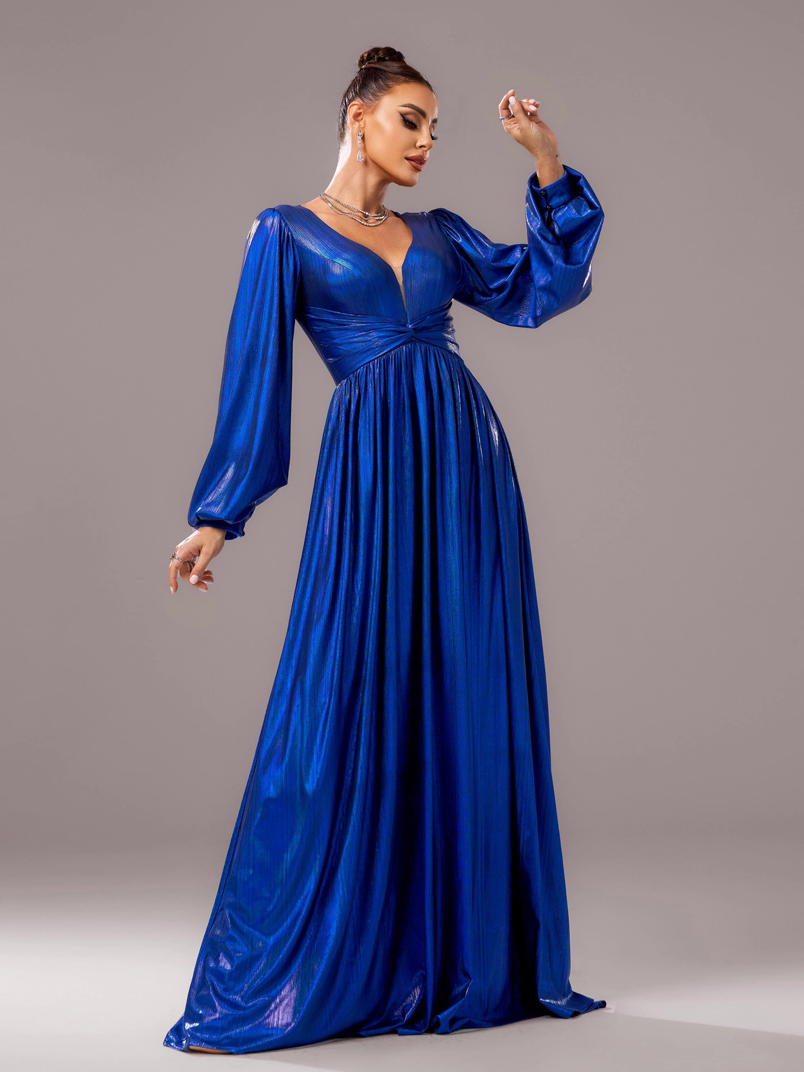 Blue V-neck Long Sleeve A-line Prom Dress DH80273 Blue V-neck Long Sleeve A-line Prom Dress DH80273