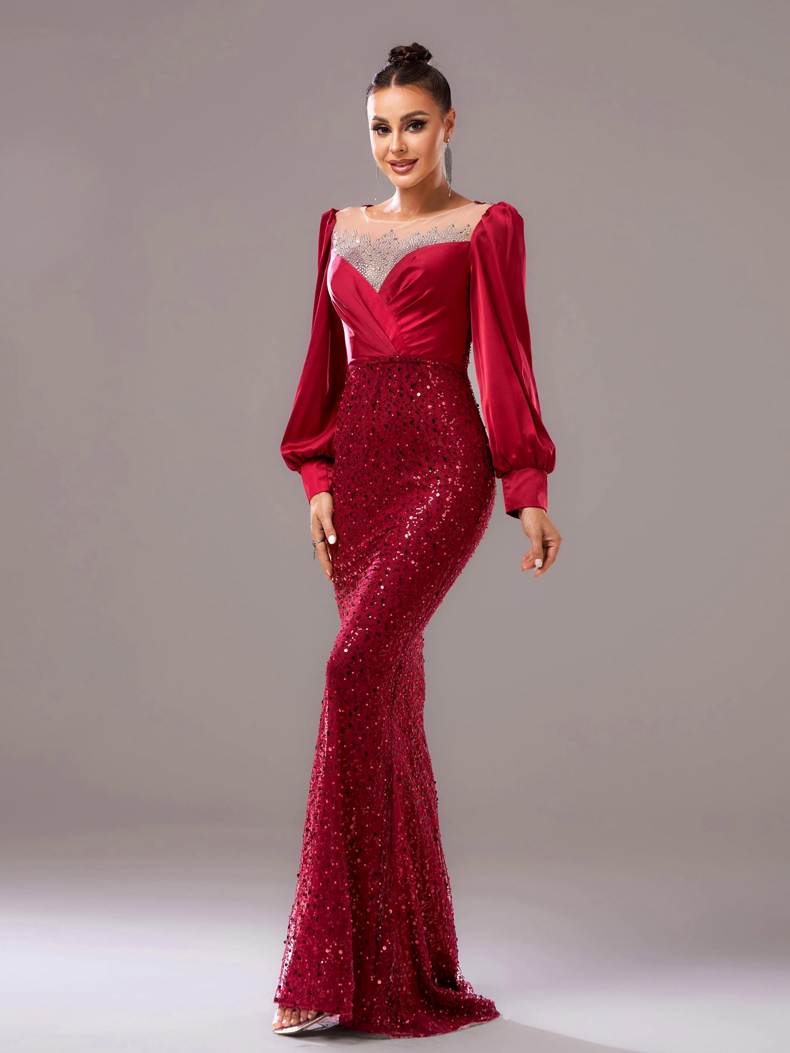 Red Panel Sequin Long Sleeve Mermaid Evening Dress RJ11967 Red Panel Sequin Long Sleeve Mermaid Evening Dress RJ11967