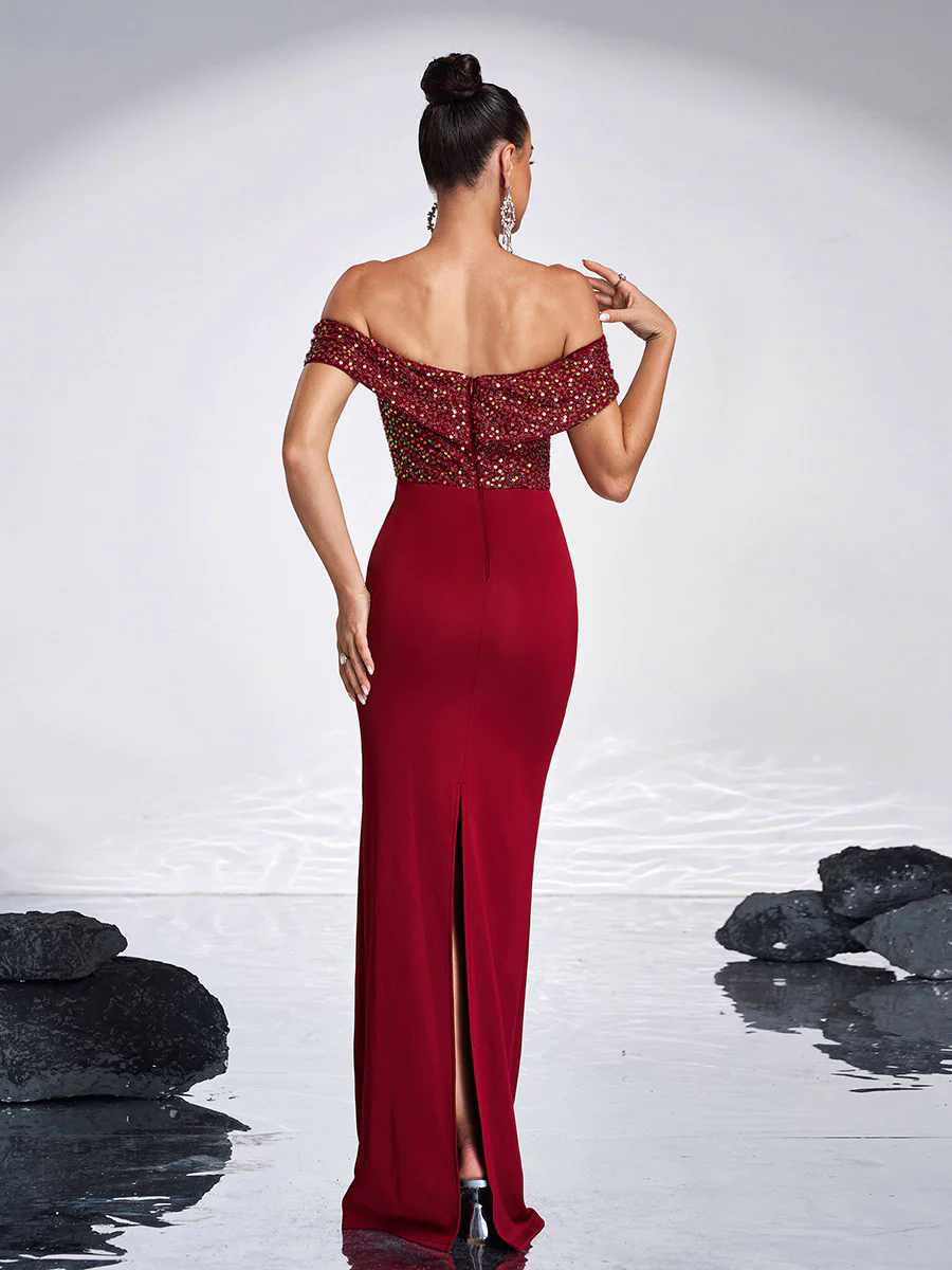 Off Shoulder Sequins Panel Black Evening Dress RM20181 Off Shoulder Sequins Panel Black Evening Dress RM20181