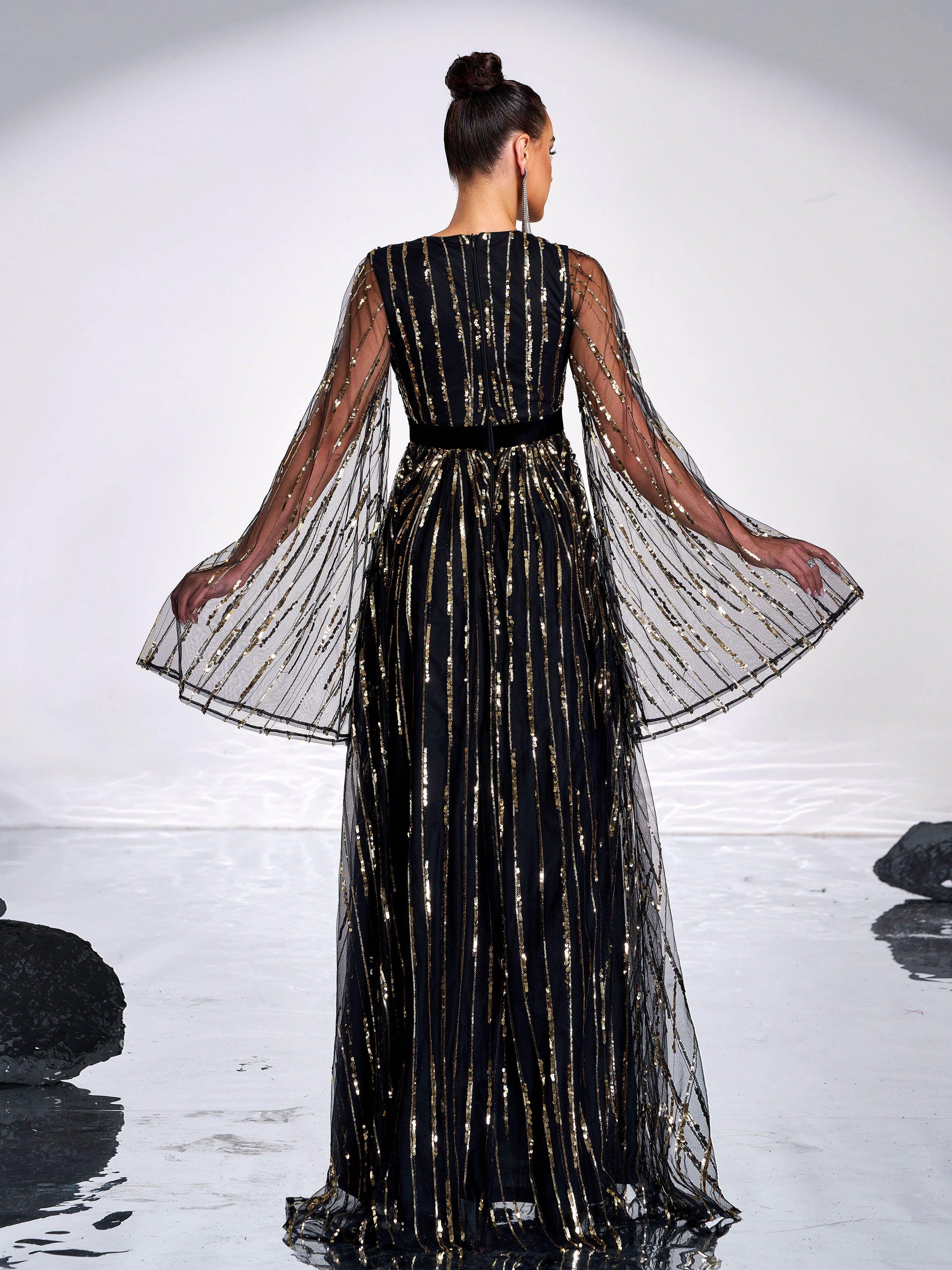 Black Sequined Mesh Prom Dress MES00647 Black Sequined Mesh Prom Dress MES00647