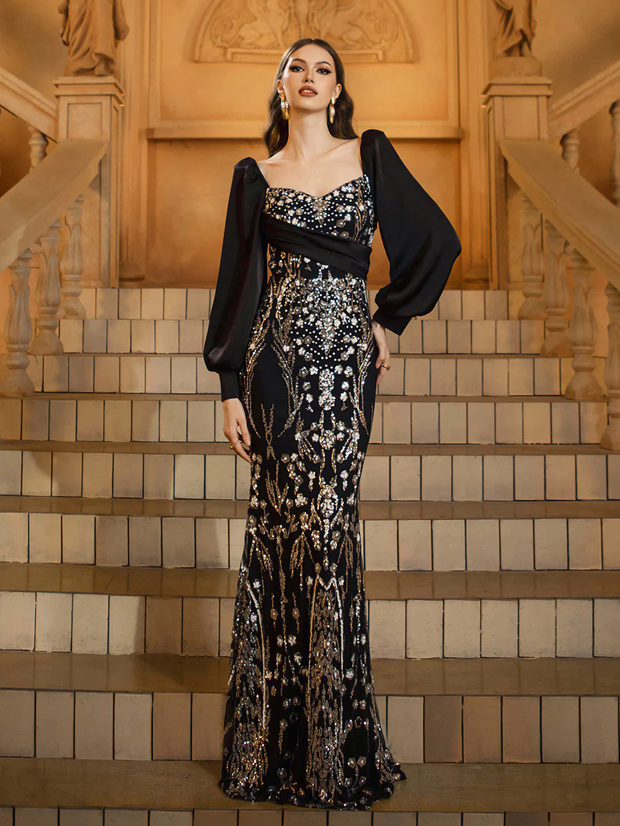 Black Sequin Floral Long Sleeve Prom Dress DH80450 Black Sequin Floral Long Sleeve Prom Dress DH80450