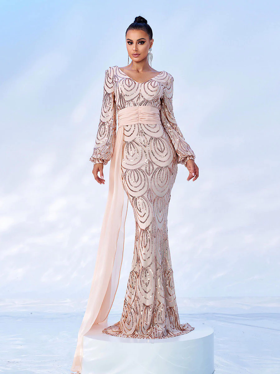 Formal Draping Sequin Long Sleeve Dress XJ1524 Formal Draping Sequin Long Sleeve Dress XJ1524