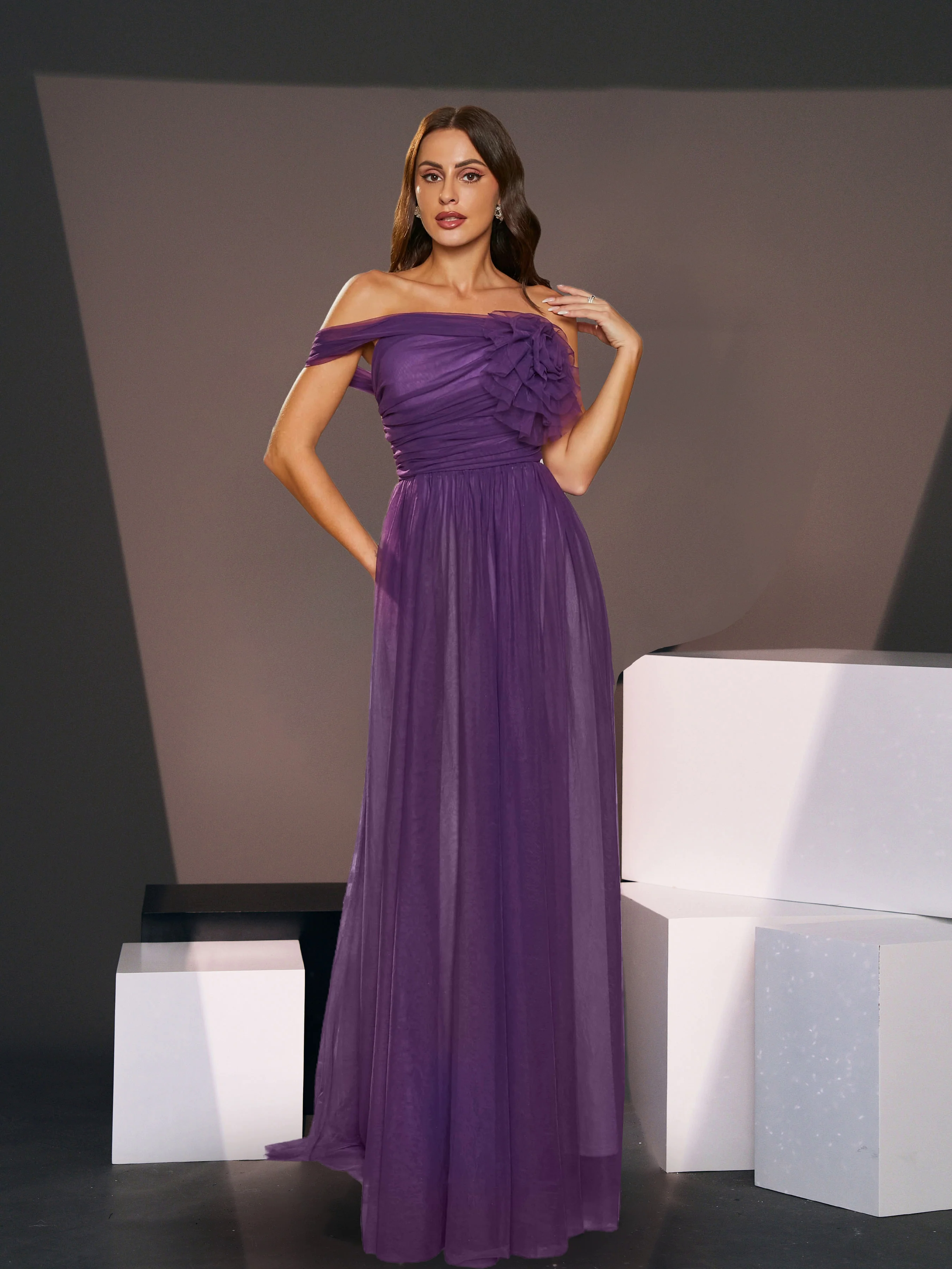 Off Shoulder Pleated A-Line Purple Tulle Bridesmaid Dress RJ10715 Off Shoulder Pleated A-Line Purple Tulle Bridesmaid Dress RJ10715