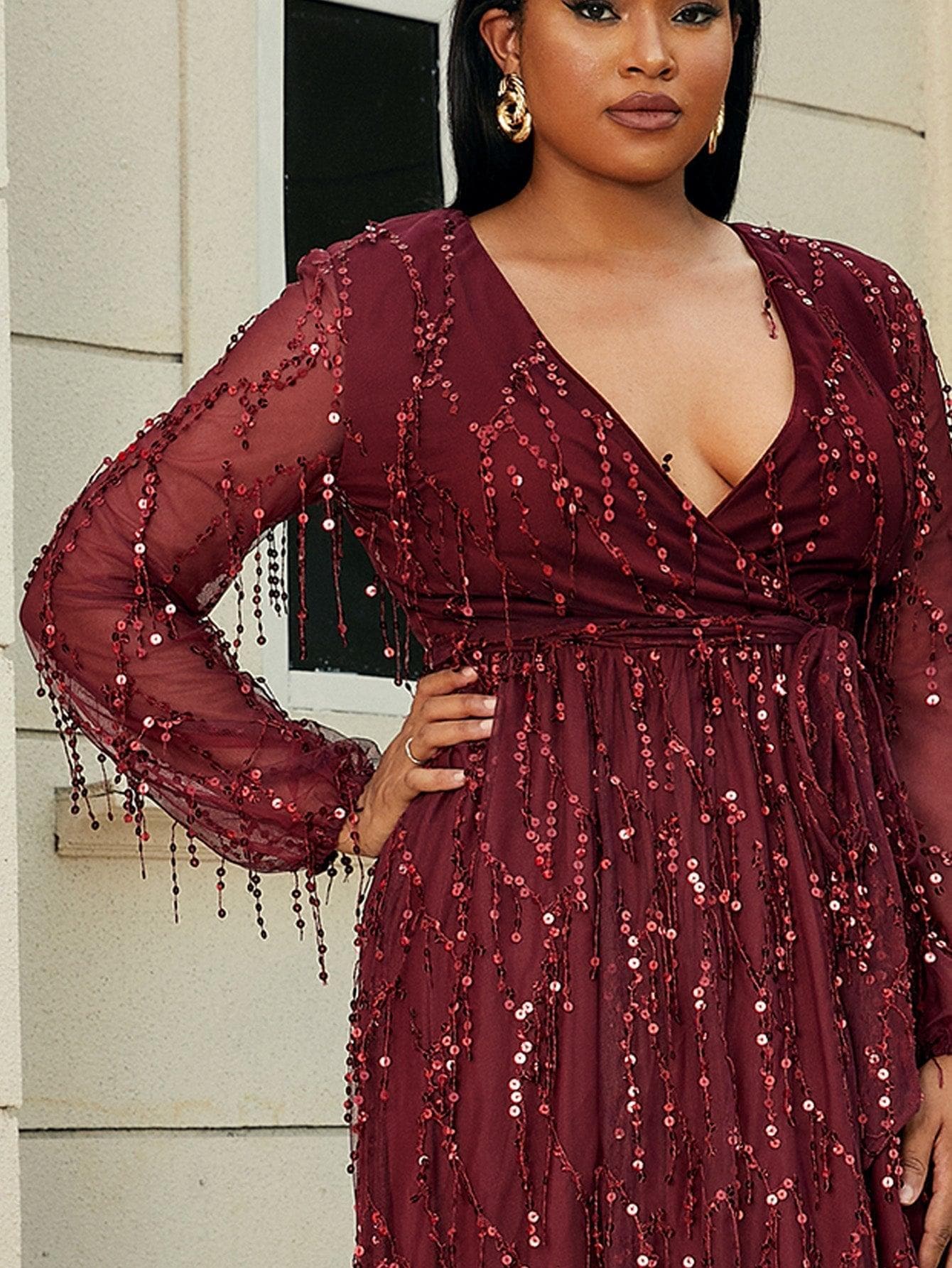 Plus V Neck Red Sequin Mesh Maxi Dress P0376 Plus V Neck Red Sequin Mesh Maxi Dress P0376