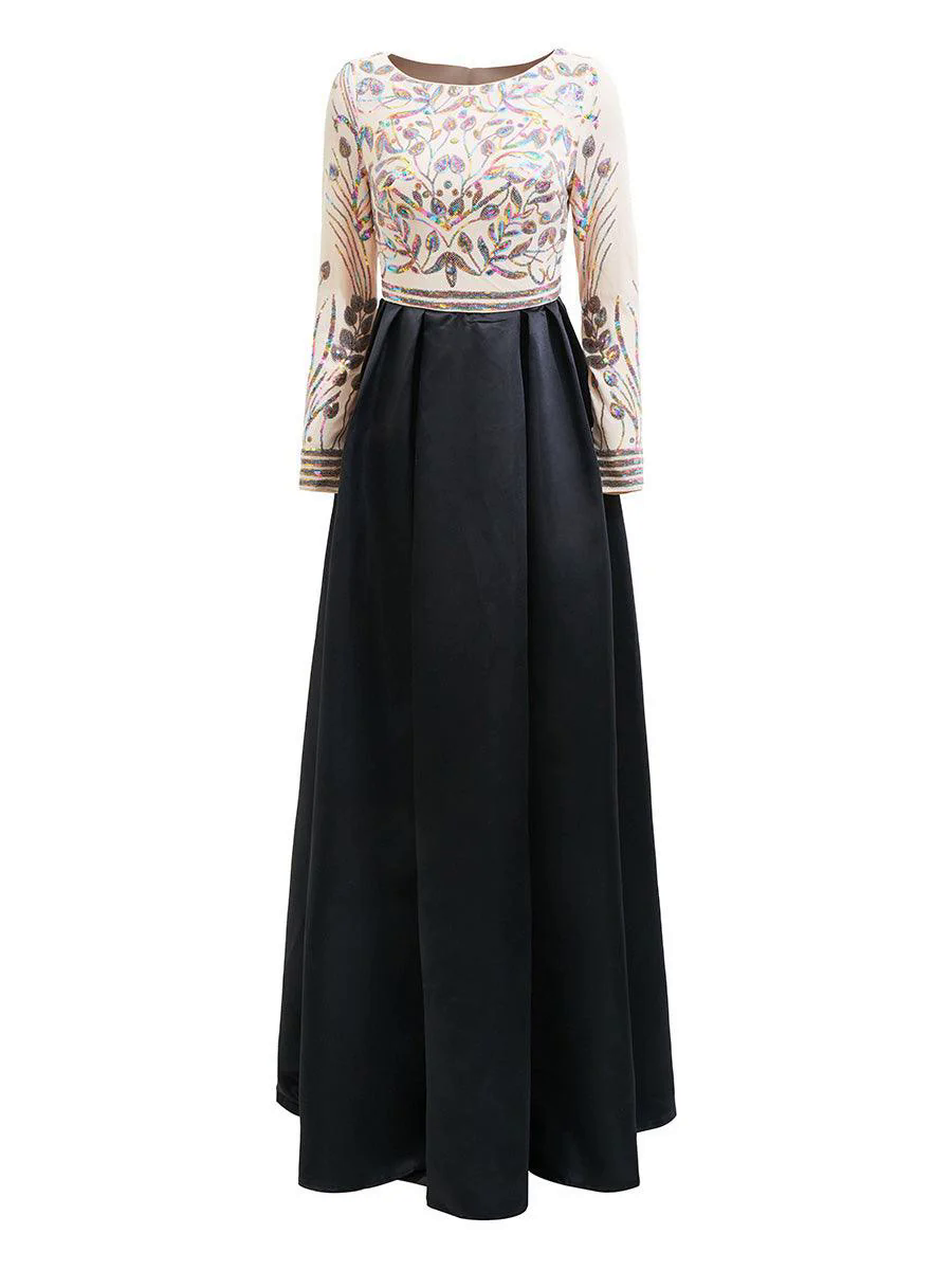 Formal A-Line Satin Panel Black Ball Gown RM20428 Formal A-Line Satin Panel Black Ball Gown RM20428