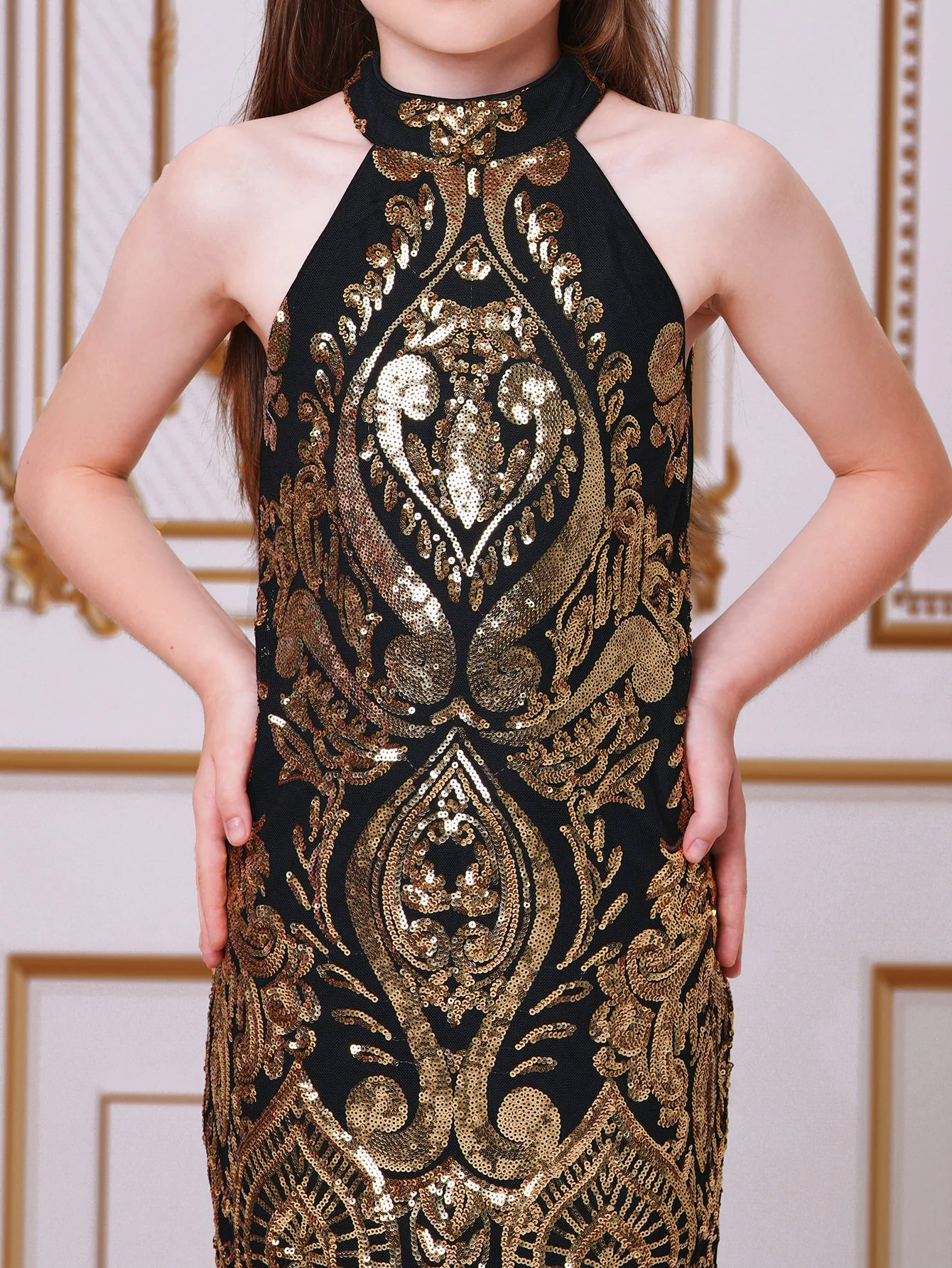 Halterneck Damask Sequin Bodycon Mini Dress FT19757 Halterneck Damask Sequin Bodycon Mini Dress FT19757