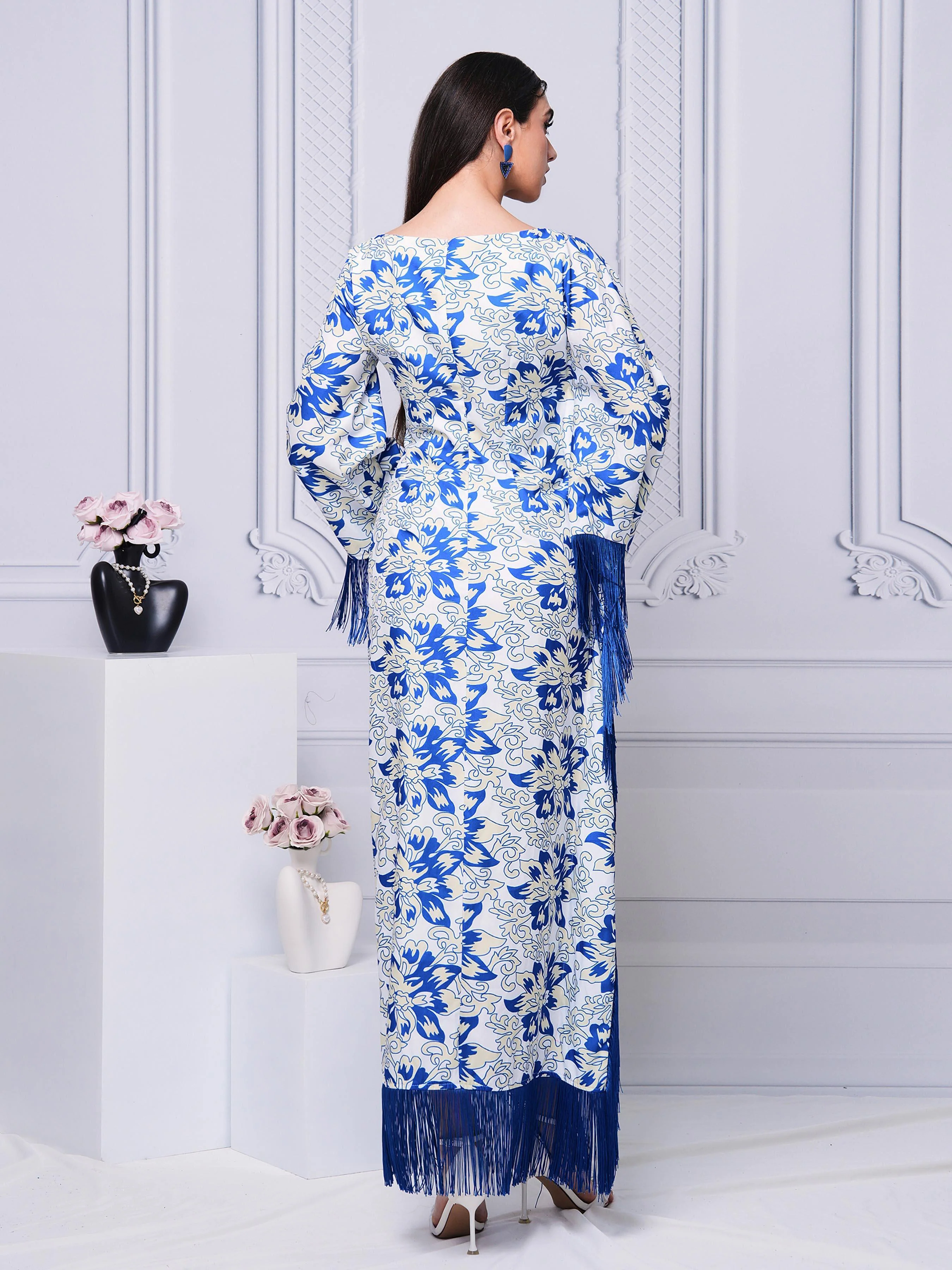 Crew Neck Fringed Print Maxi Dress ME70046X Crew Neck Fringed Print Maxi Dress ME70046X