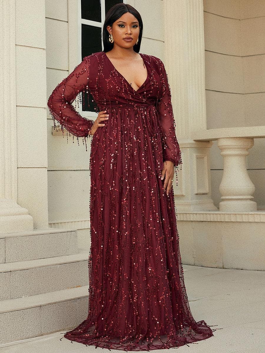 Plus V Neck Red Sequin Mesh Maxi Dress P0376 Plus V Neck Red Sequin Mesh Maxi Dress P0376