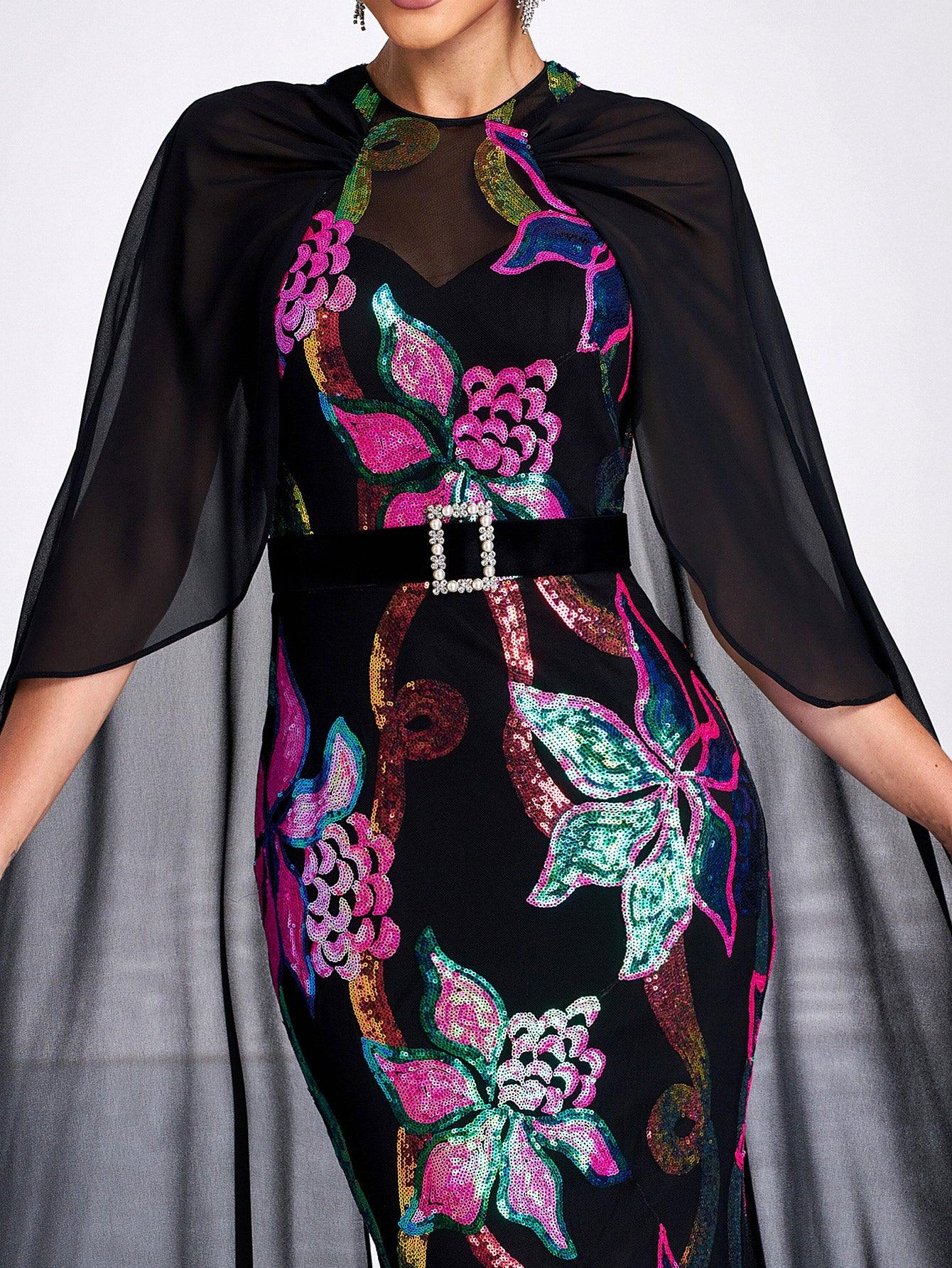 Elegant Round Neck Floral Sequin Mermaid Evening Dress DH80213