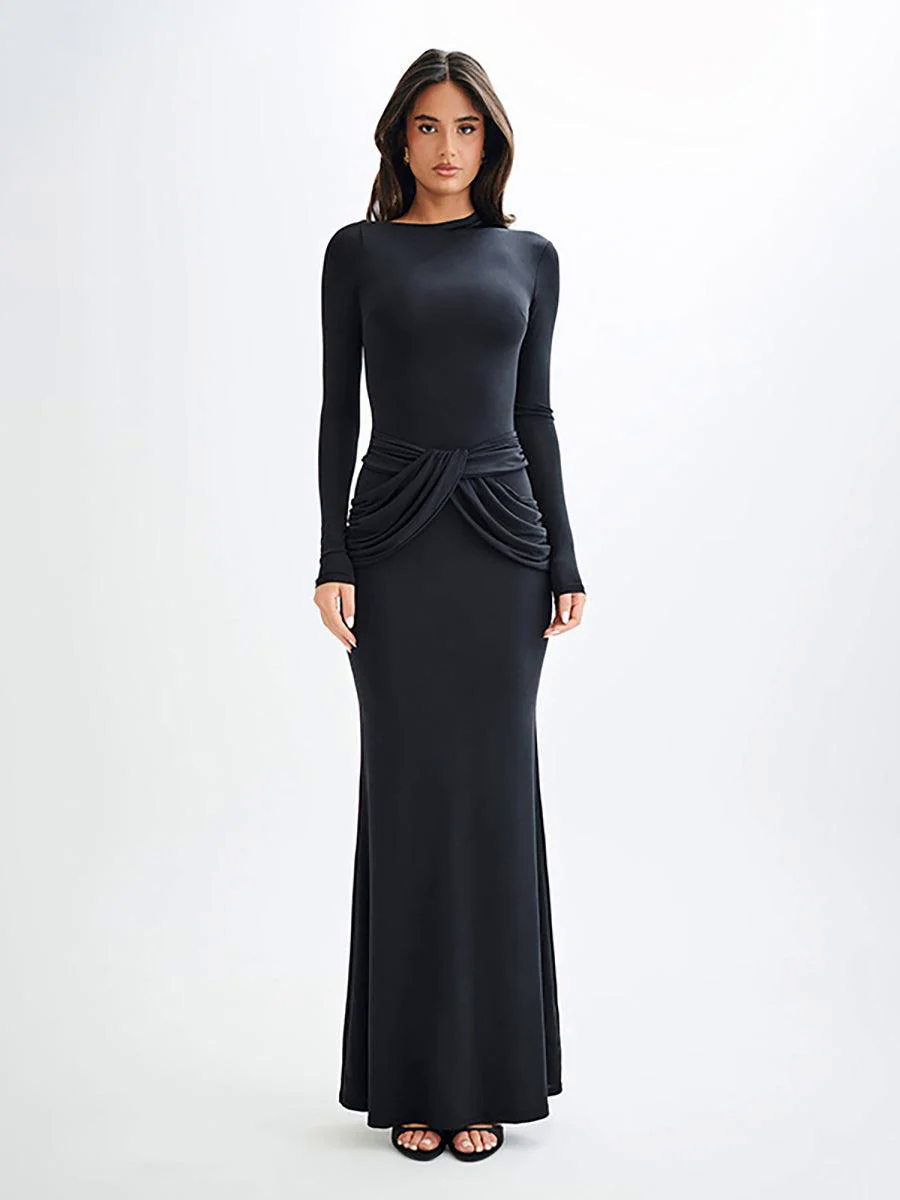 Crew Neck Solid Long Sleeve Corss Prom Dress MYC2018 Crew Neck Solid Long Sleeve Corss Prom Dress MYC2018