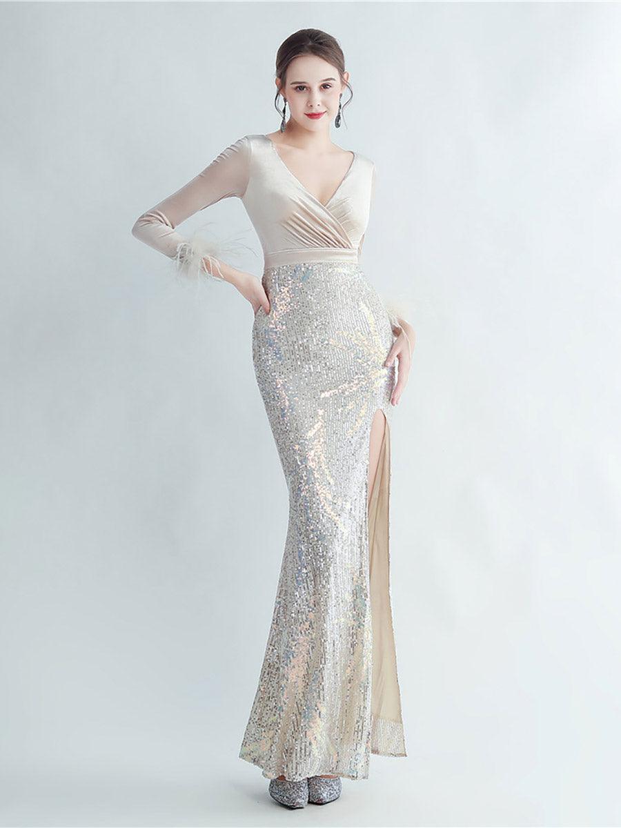 Long Sleeve Velvet Feather Wrap Prom Dress MCW0949 Long Sleeve Velvet Feather Wrap Prom Dress MCW0949