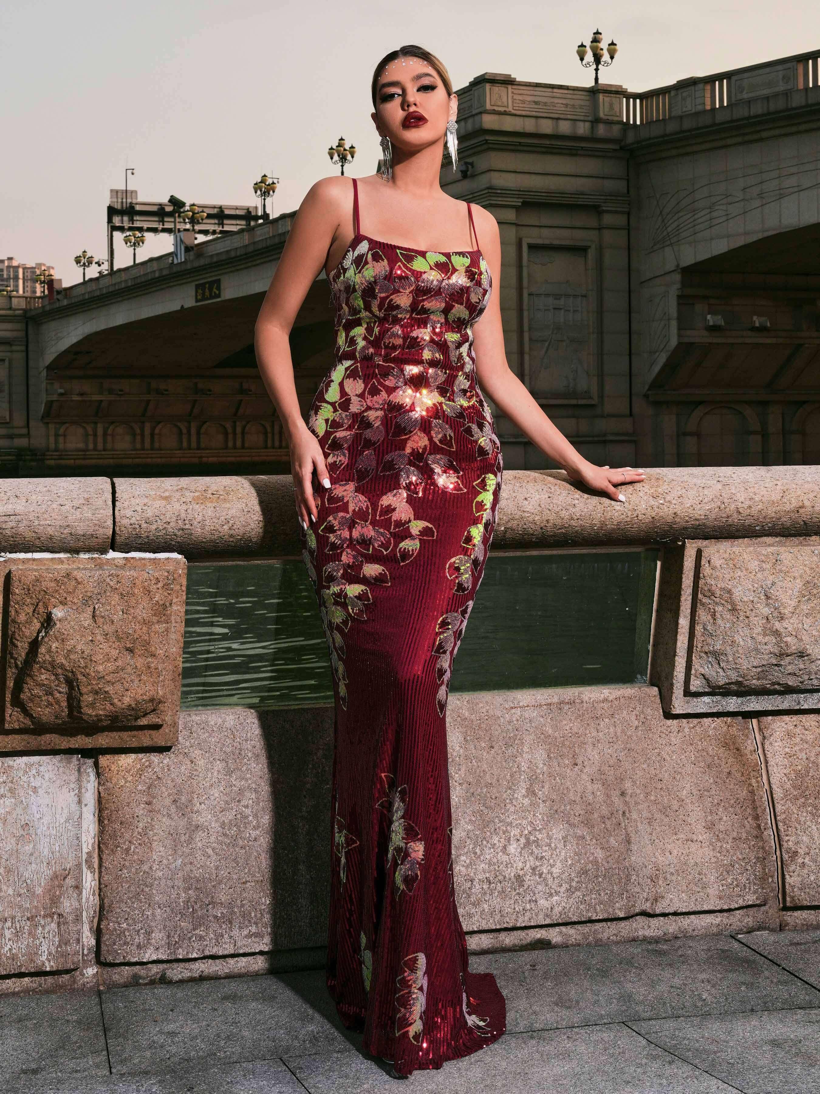 Spaghetti Leaf Sequin Mermaid Prom Dress RJ11052 Spaghetti Leaf Sequin Mermaid Prom Dress RJ11052