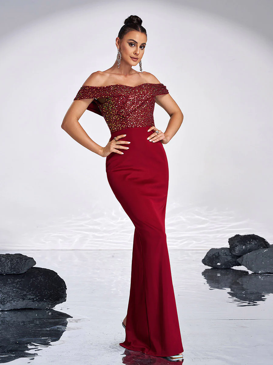 Off Shoulder Sequins Panel Black Evening Dress RM20181 Off Shoulder Sequins Panel Black Evening Dress RM20181