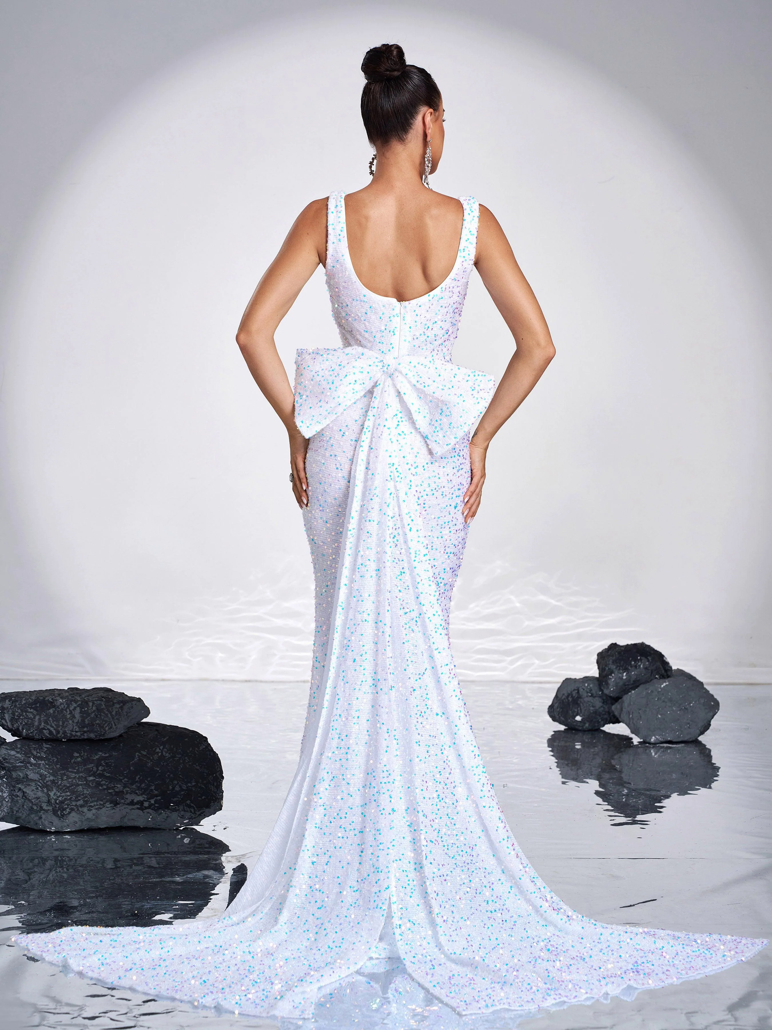 Bow Knot Sleeveless White Sequin Dress RM21232 Bow Knot Sleeveless White Sequin Dress RM21232