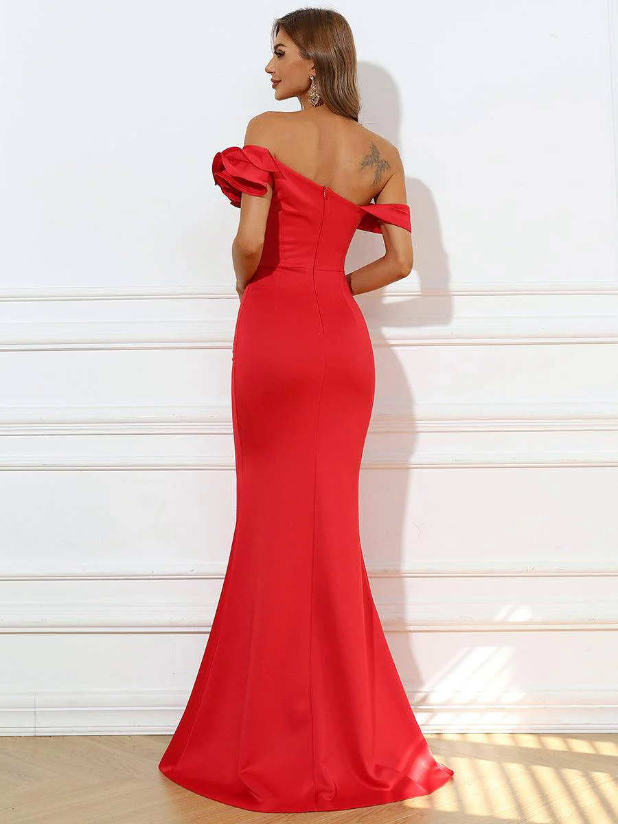Ruffled Off-Shoulder Red Mermaid Gown M01947 Ruffled Off-Shoulder Red Mermaid Gown M01947