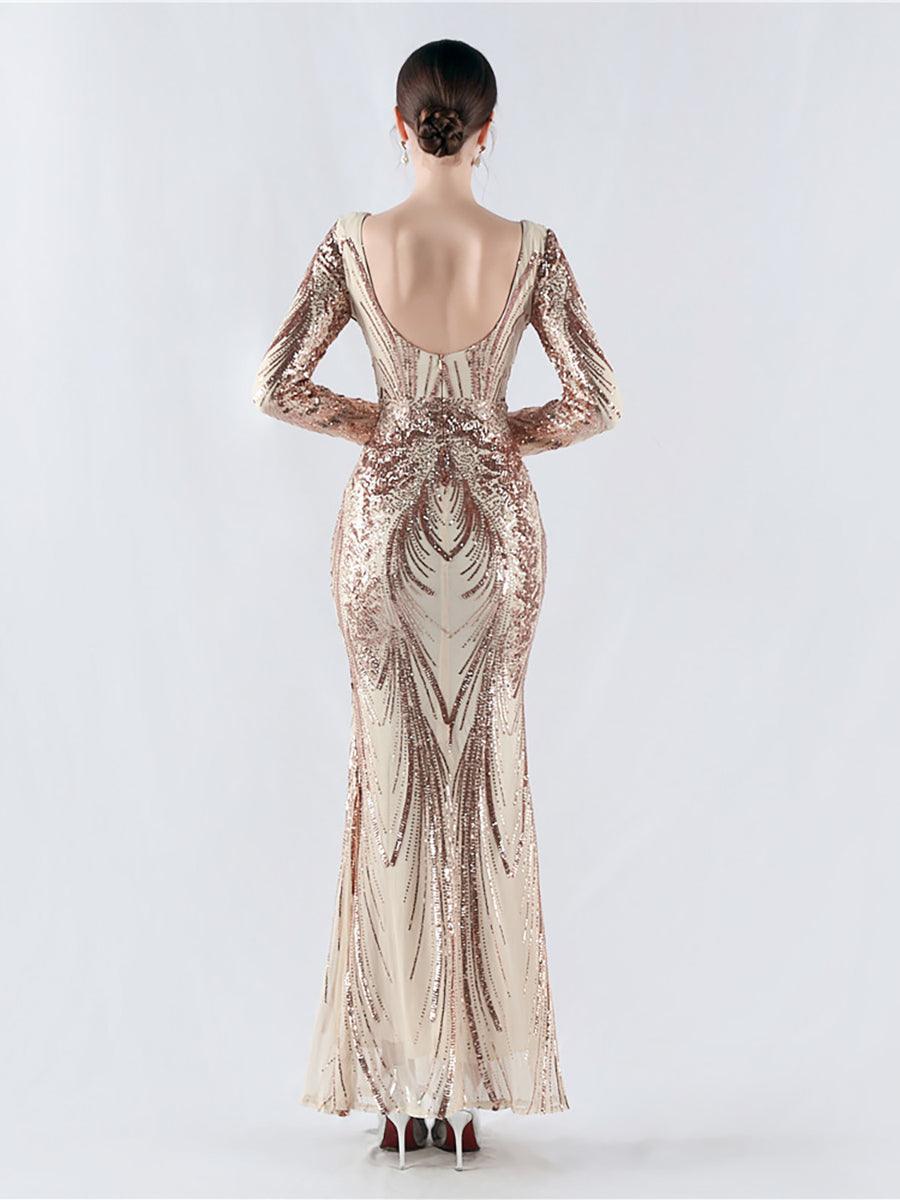 Long Sleeve Sequin V-neck Backless Prom Dress MCW1000 Long Sleeve Sequin V-neck Backless Prom Dress MCW1000