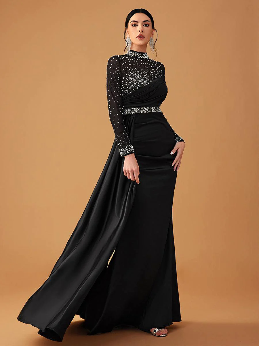 Elegant Mesh Beaded Satin Turtleneck Evening Dress GM90146 Elegant Mesh Beaded Satin Turtleneck Evening Dress GM90146