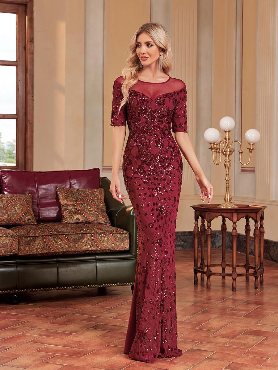 Burgundy Short Sleeve Embroidered Prom Dress MCC1233 Burgundy Short Sleeve Embroidered Prom Dress MCC1233