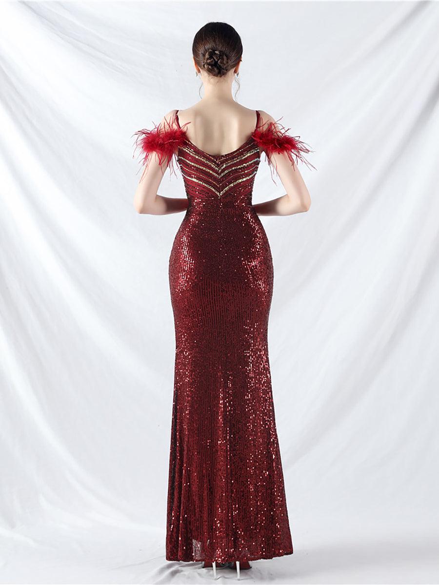 Cold Shoulder Feather Sequin Cocktail Dress MYC2006 Cold Shoulder Feather Sequin Cocktail Dress MYC2006