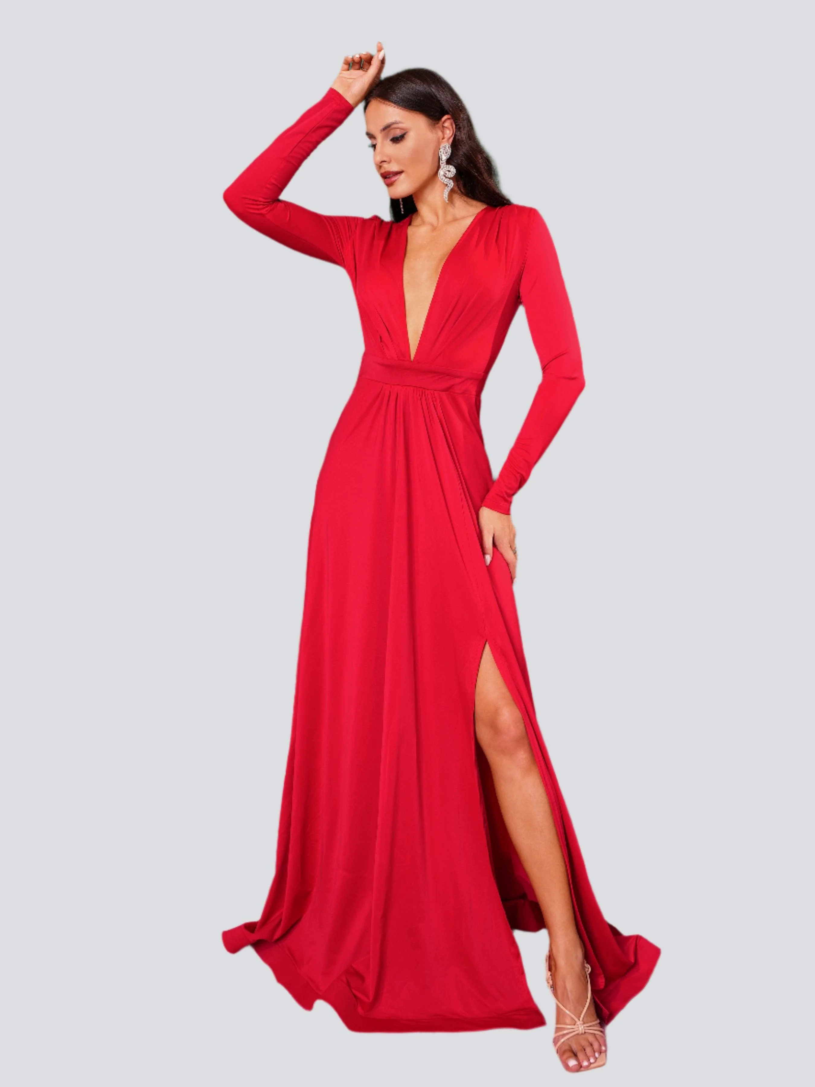 V-neck Long Sleeve Split Maxi Dress XH1221 V-neck Long Sleeve Split Maxi Dress XH1221