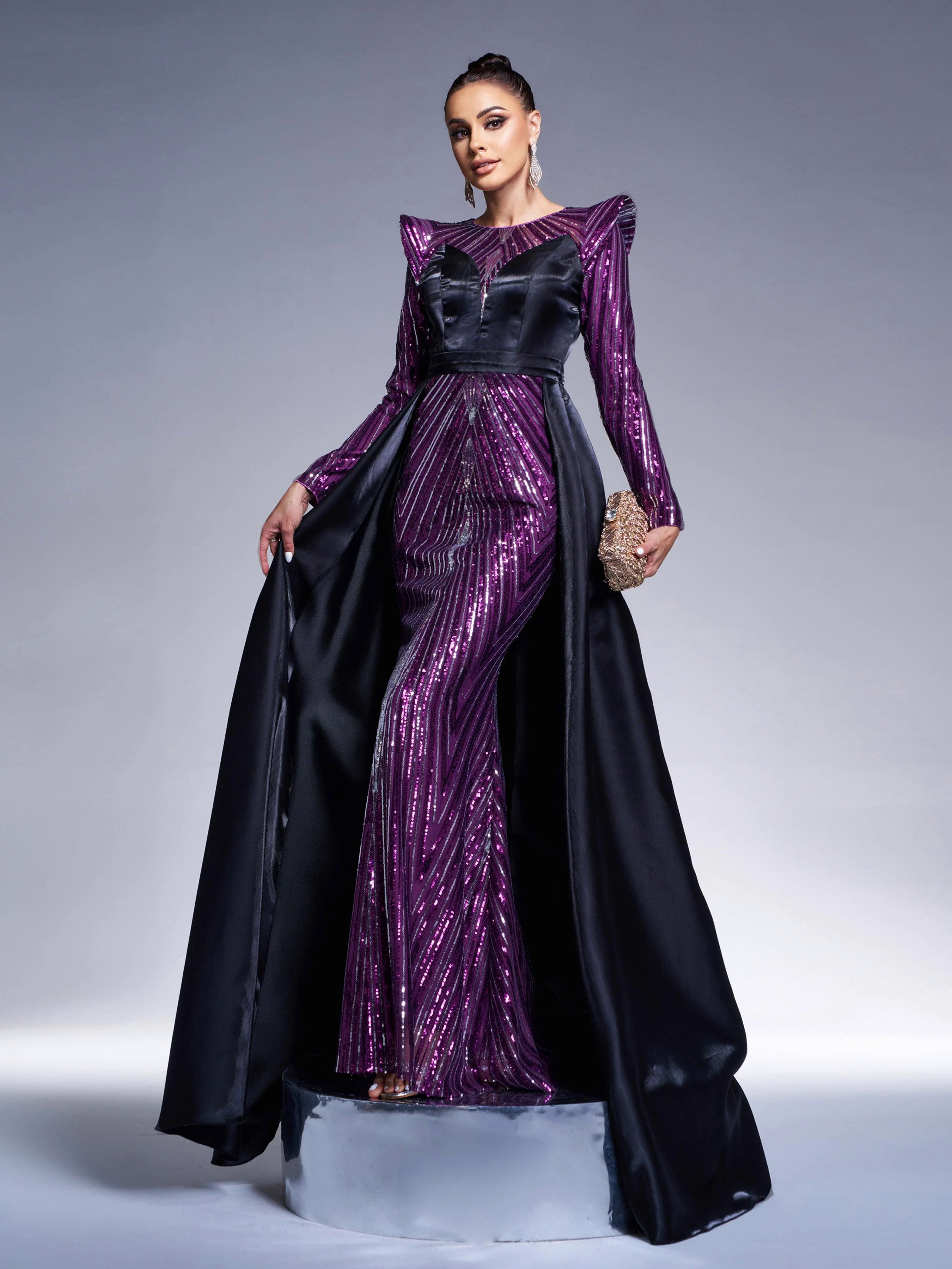 Purple Sequin Sheer Cape Evening Dress GZ60044 Purple Sequin Sheer Cape Evening Dress GZ60044
