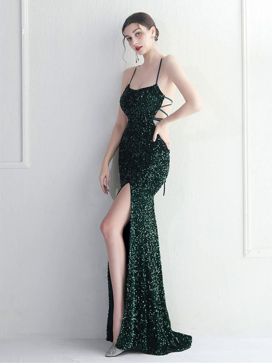 Lace Back Split Sequin Spaghetti Cocktail Dress MYC2004 Lace Back Split Sequin Spaghetti Cocktail Dress MYC2004