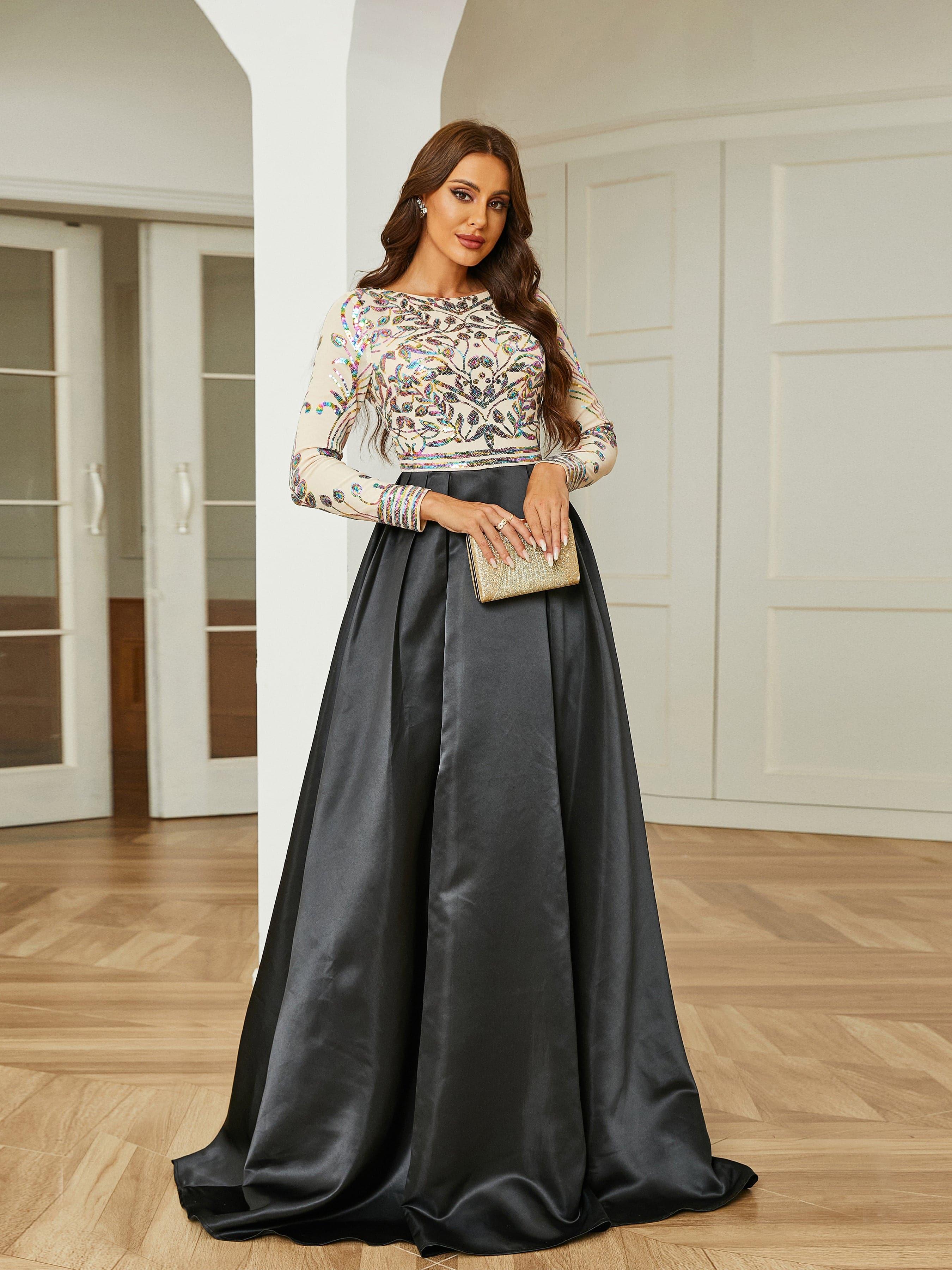 Formal A-Line Satin Panel Black Ball Gown RM20428 Formal A-Line Satin Panel Black Ball Gown RM20428