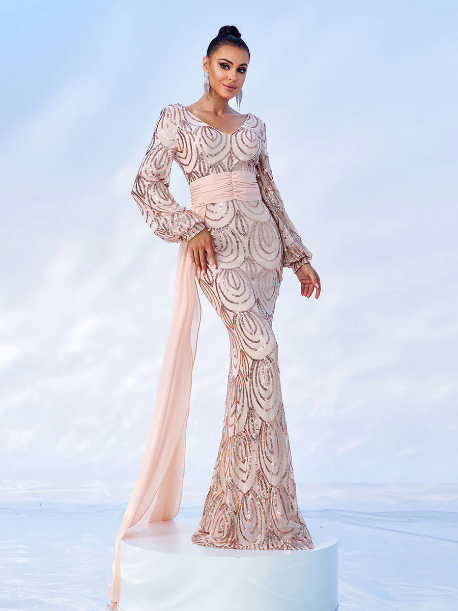 Formal Draping Sequin Long Sleeve Dress XJ1524 Formal Draping Sequin Long Sleeve Dress XJ1524