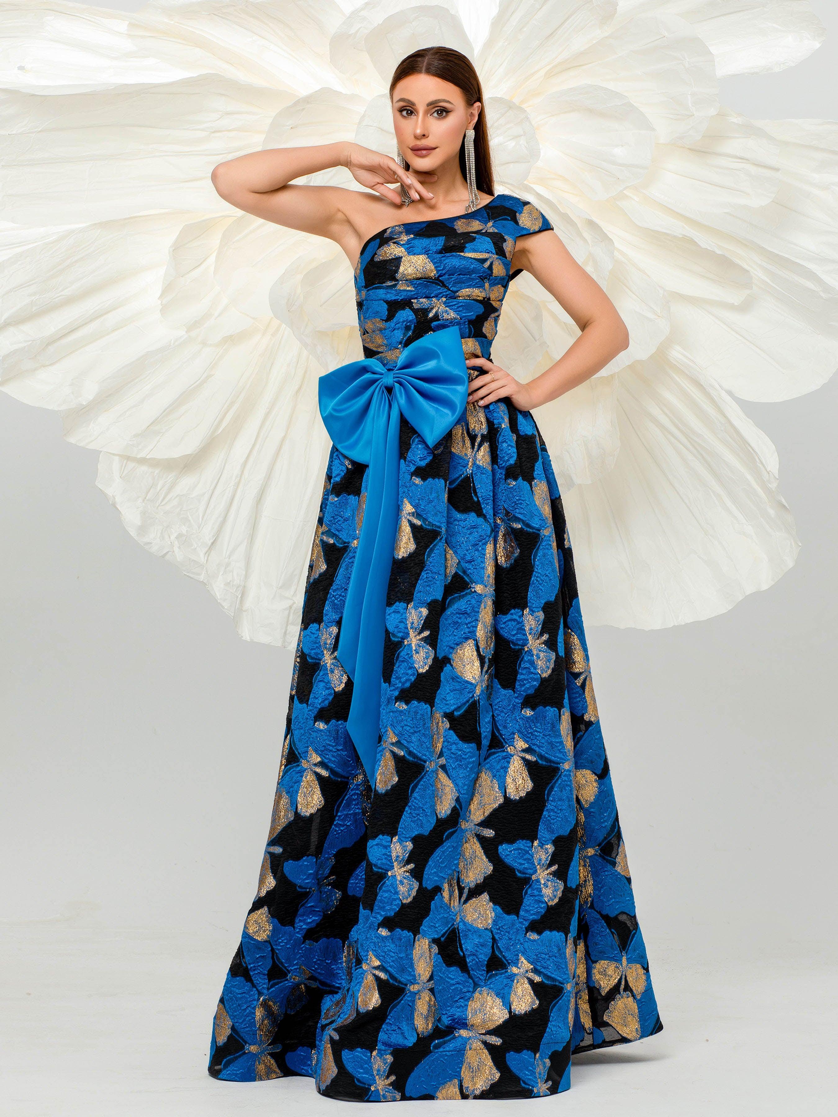 Pleated Jacquard Bow Floral A-line Dress DH80107 Pleated Jacquard Bow Floral A-line Dress DH80107