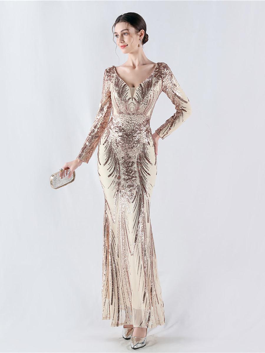 Long Sleeve Sequin V-neck Backless Prom Dress MCW1000 Long Sleeve Sequin V-neck Backless Prom Dress MCW1000