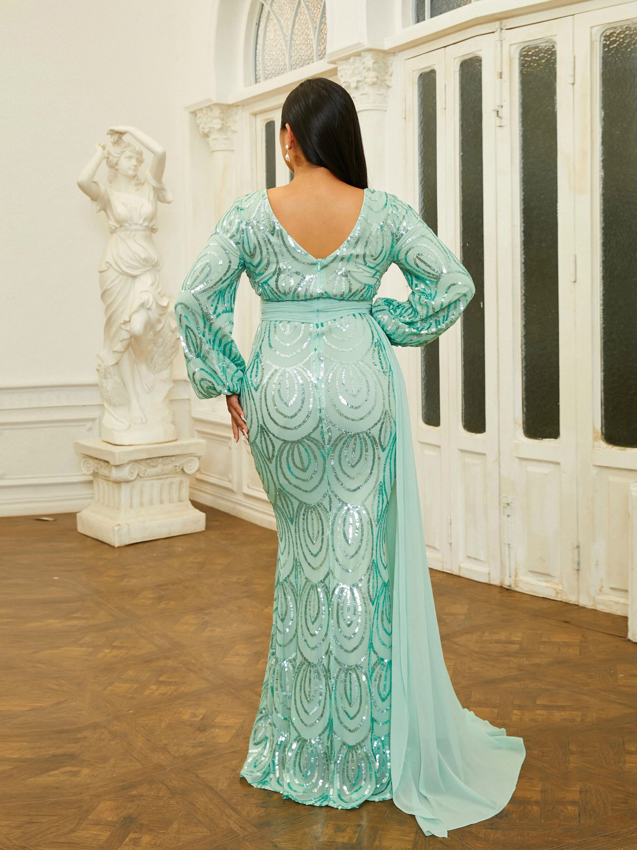Plus V-Neck Long Sleeve Prom Dress PXJ1524 Plus V-Neck Long Sleeve Prom Dress PXJ1524
