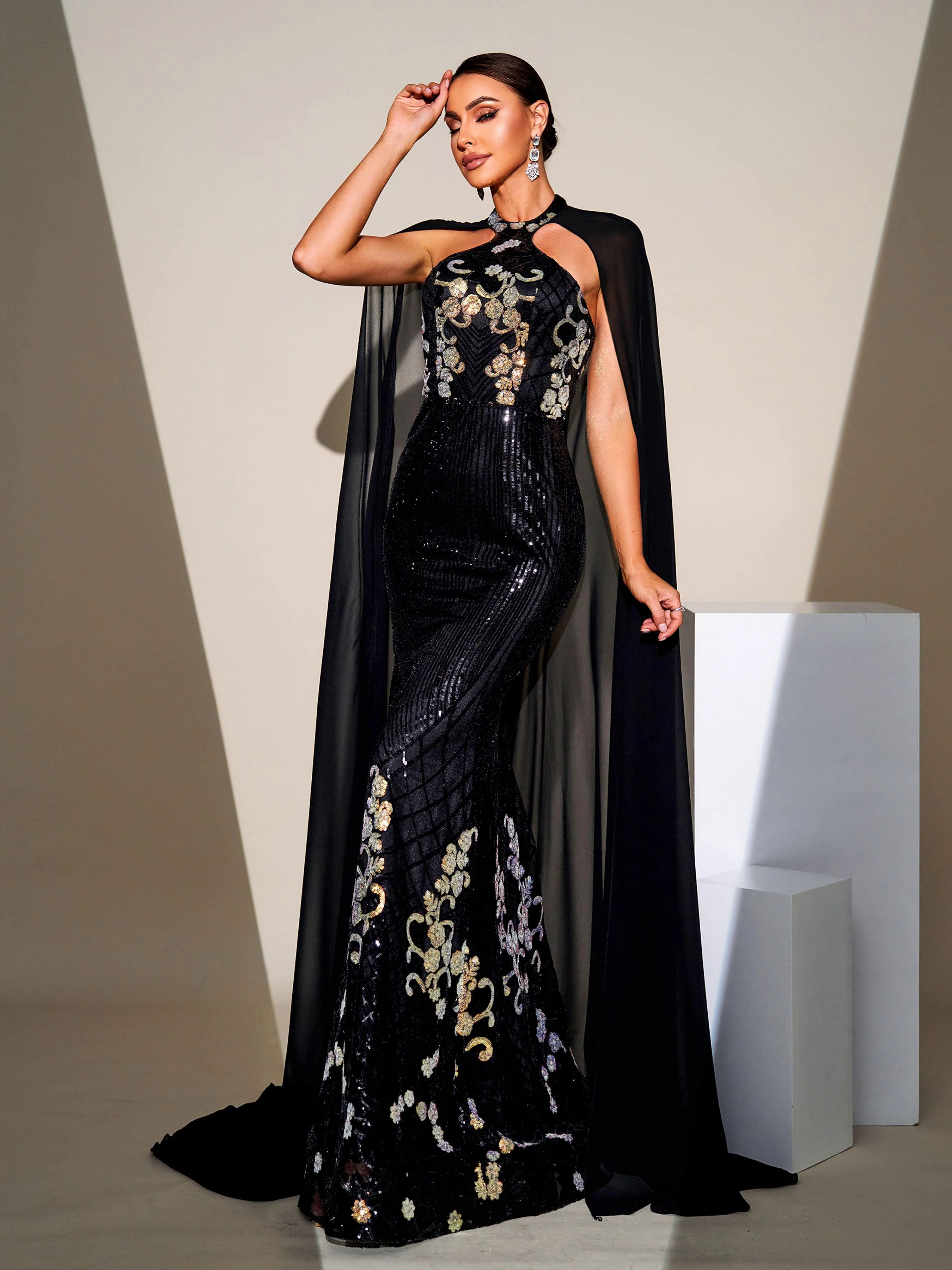 Cape Sleeve Mermaid Sequin Formal Dress DH80100 Cape Sleeve Mermaid Sequin Formal Dress DH80100