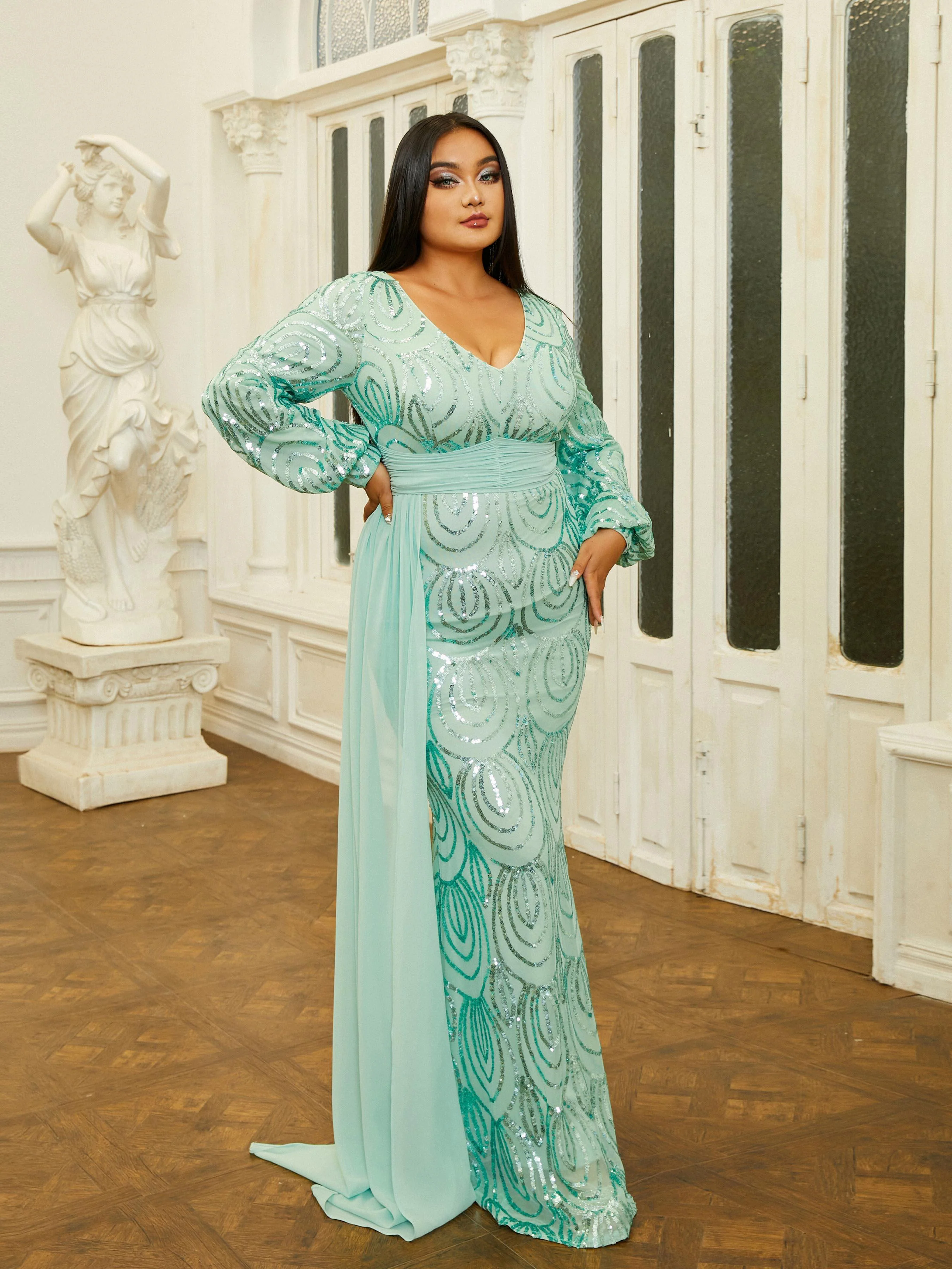 Plus V-Neck Long Sleeve Prom Dress PXJ1524 Plus V-Neck Long Sleeve Prom Dress PXJ1524