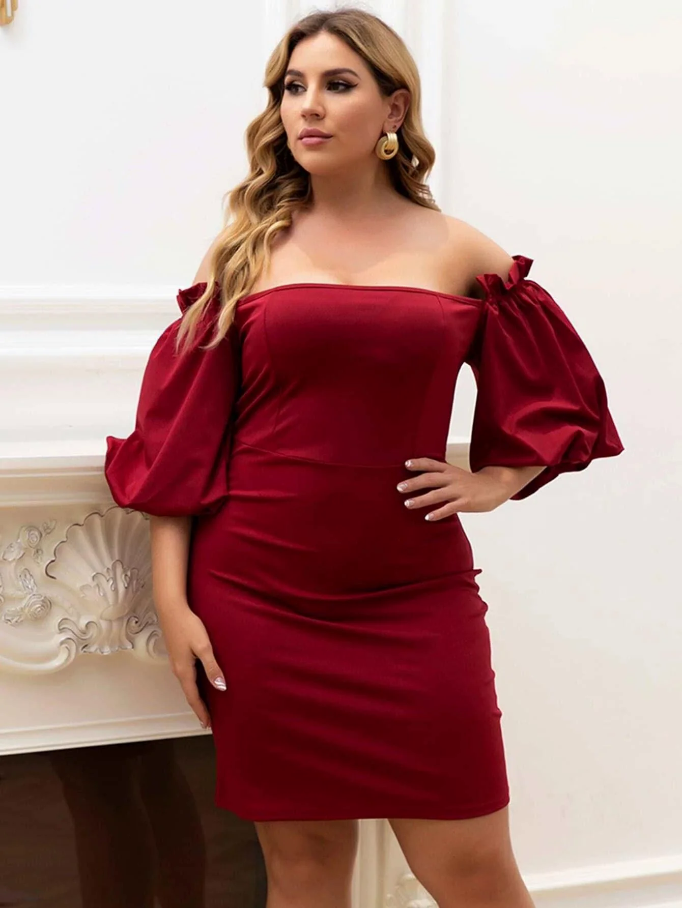 Plus Size Off Shoulder Bishop Sleeve Mini Satin DarkRed Prom Dress P0052 Plus Size Off Shoulder Bishop Sleeve Mini Satin DarkRed Prom Dress P0052